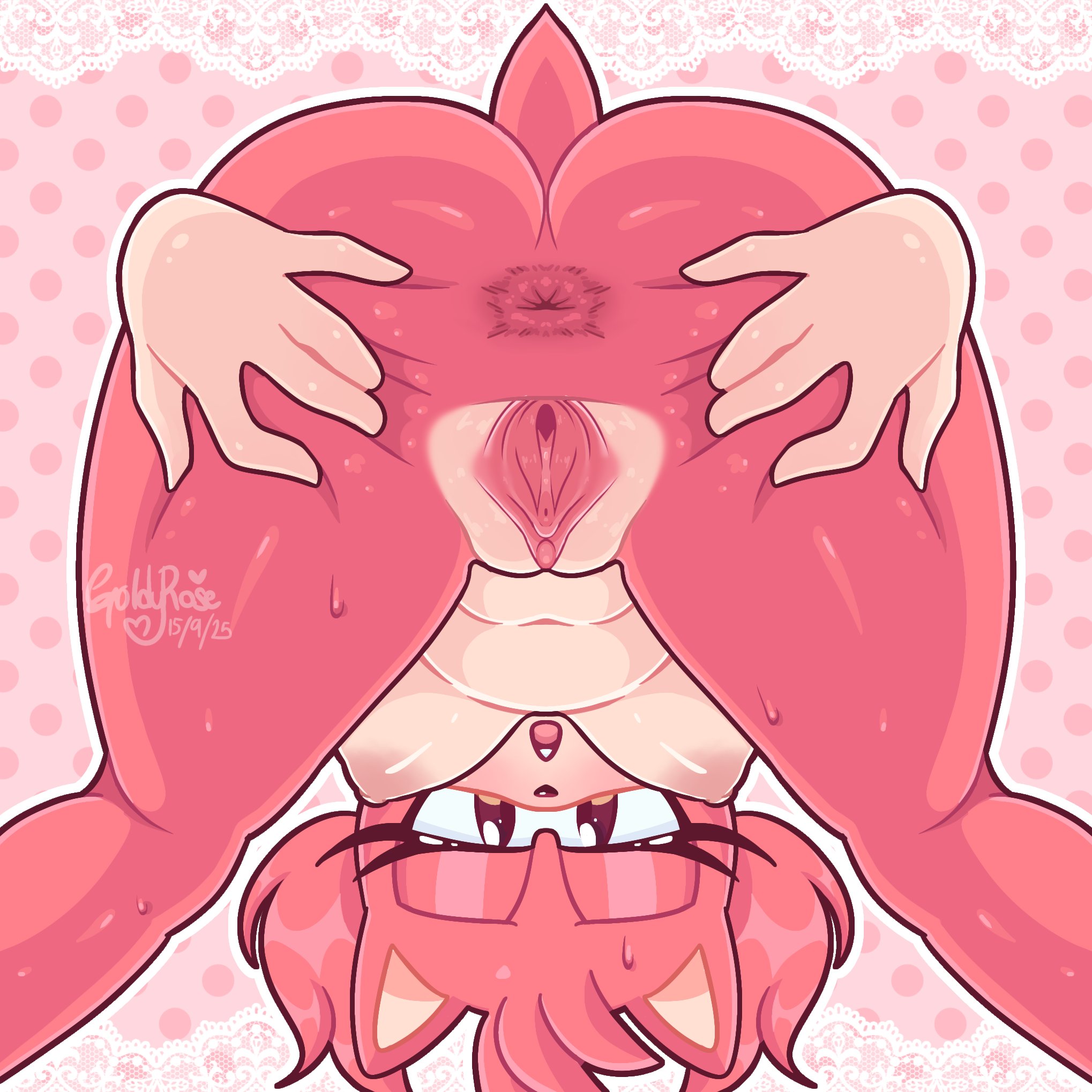 amy rose, amy rose (fleetway), anus, brown eyes, female, fleetway comics, goldyrose22, pink body, pink fur, presenting, pussy, solo, solo female, sonic (series), sonic the hedgehog (series), spread butt, spreading