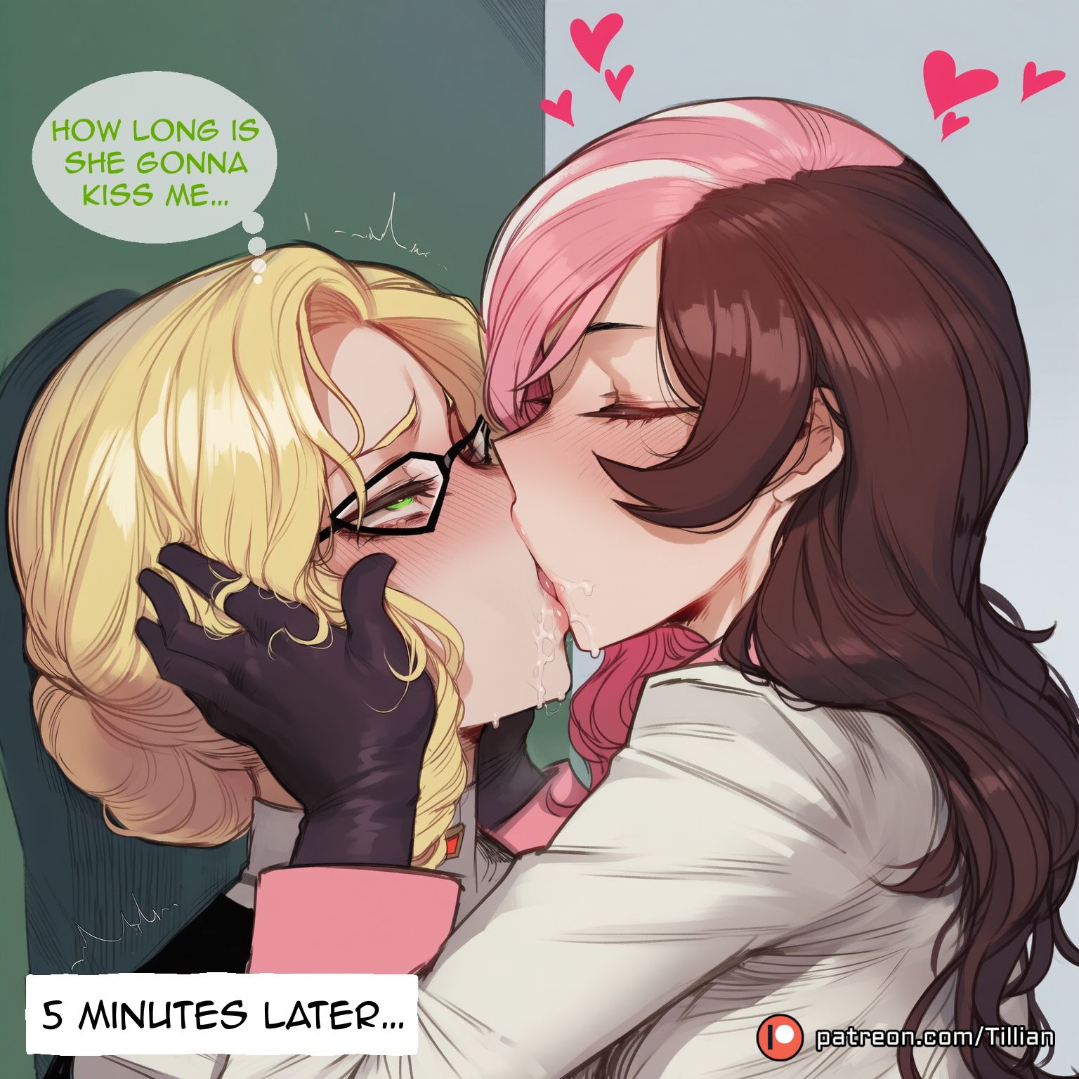 2girls, against wall, ai generated, artist name, black gloves, black-framed eyewear, blonde hair, blush, brown hair, closed eyes, drooling, english text, female, french kiss, glasses, gloves, glynda goodwitch, green eyes, half-closed eyes, heart, heart-shaped pupils, kissing, long hair, multicolored hair, multiple females, multiple girls, neo (rwby), neo politan, patreon logo, patreon username, pink hair, runny makeup, rwby, saliva, saliva trail, split-color hair, thought bubble, tillian, two-tone hair, watermark, web address, yuri