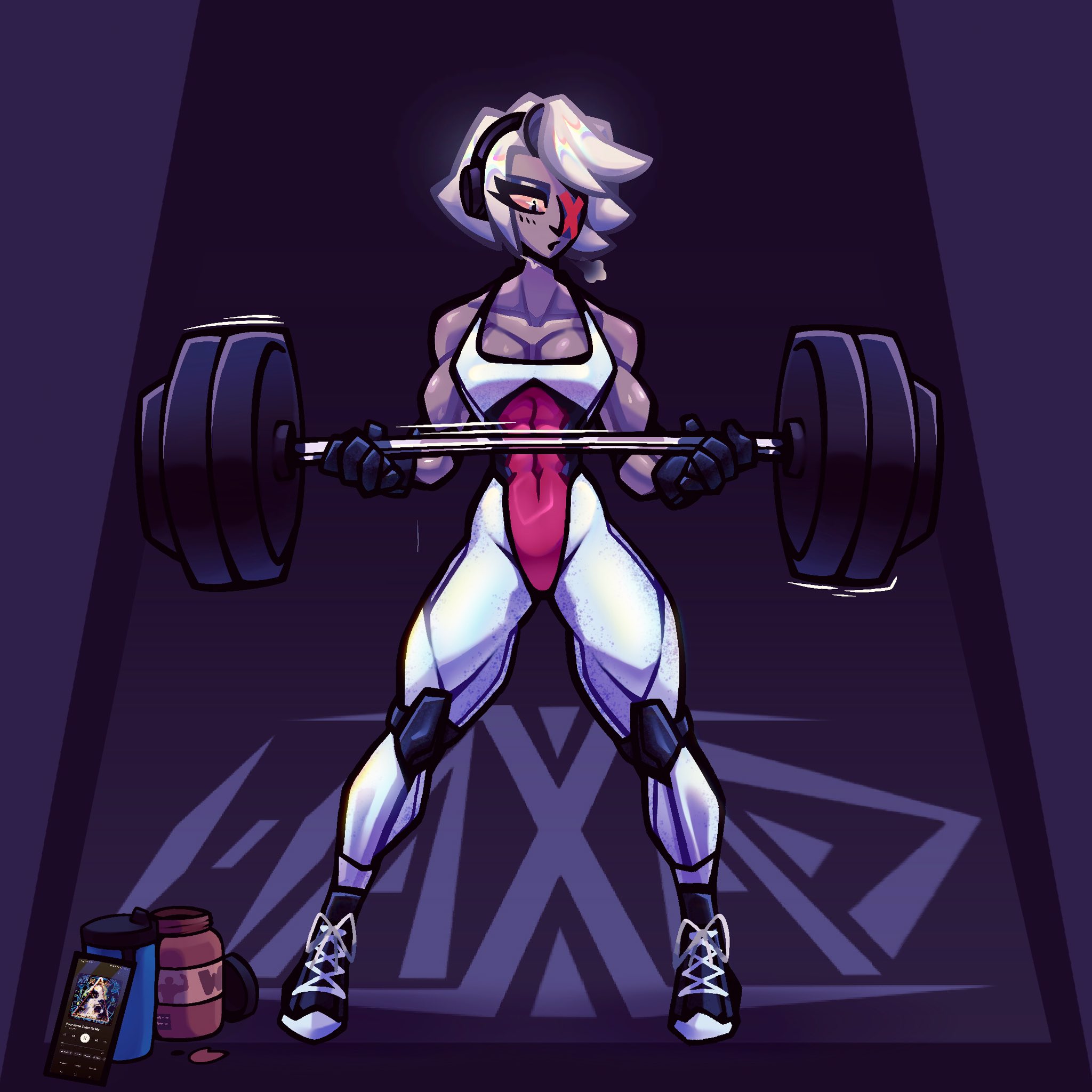 1girls, abs, bare arms, bare shoulders, breasts, clothed, clothing, color, exercise, female, female focus, female only, fit female, grey hair, haxad, hazbin hotel, hi res, muscles, muscular, muscular arms, muscular female, muscular legs, muscular thighs, short hair, solo, solo female, tagme, thick thighs, vaggie (hazbin hotel), vivienne medrano, workout