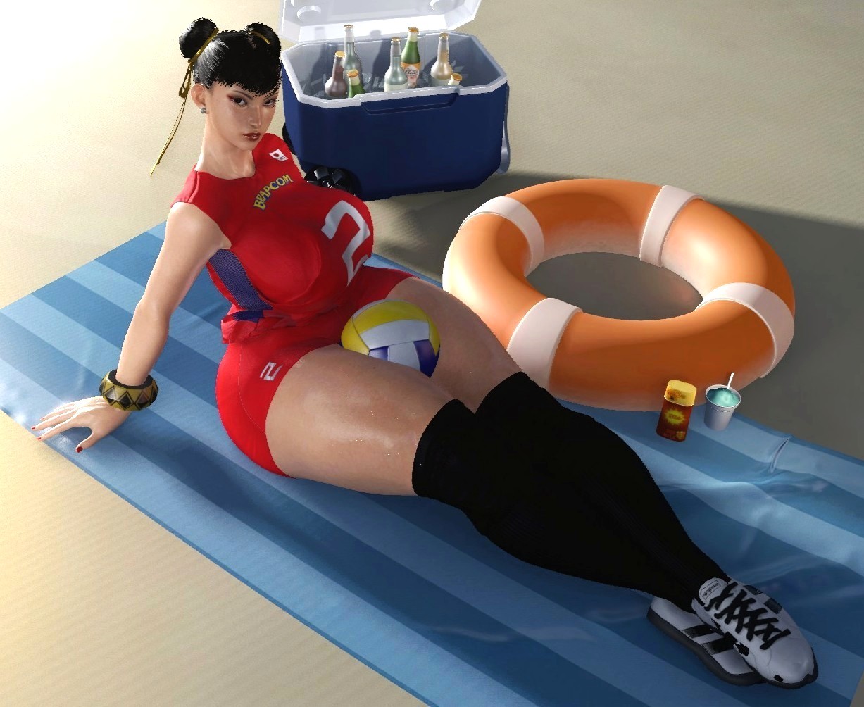 1girls, 3d, asian female, beach, beach towel, big breasts, black socks, bracelet, breasts, breasts bigger than head, busty, capcom, chun-li, cooler, curvy, curvy female, female, female focus, female only, fully clothed, hands behind back, ice cream, light-skinned female, lipstick, looking at viewer, lotion, malef1cent, nail polish, oiled, pinup, sand, shoes, sitting, sneakers, socks, socks and shoes, solo, street fighter, street fighter 6, sunlight, sunset, sweat, tagme, thick thighs, thigh socks, thighhighs, volleyball, volleyball uniform, voluptuous, watermelon crushing, wish that was me