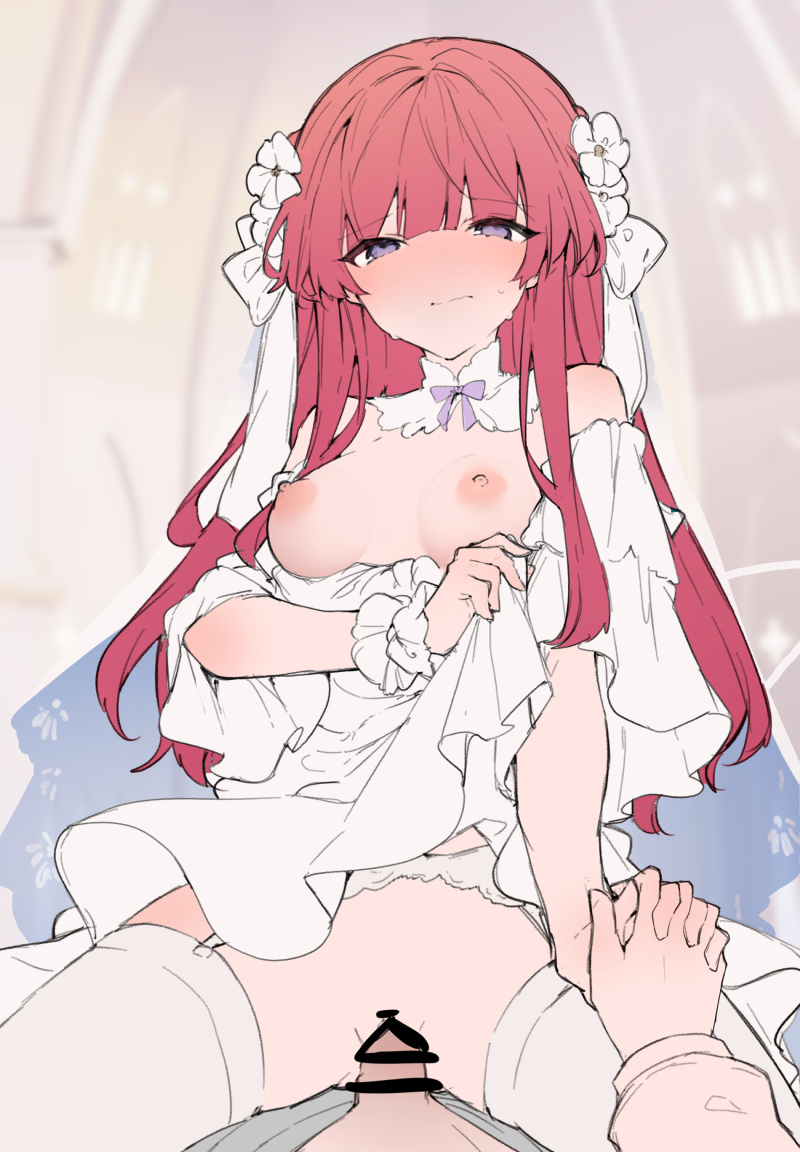 1boy anna_(ikeuchi_tanuma) bar_censor blush breasts bridal_veil censored closed_mouth cowgirl_position embarrassed female flower hair_flower hair_ornament holding_hands ikeuchi_tanuma interlocked_fingers long_hair looking_at_viewer navel nipples original penis purple_eyes red_hair sex small_breasts straddling straight vaginal_penetration veil white_flower