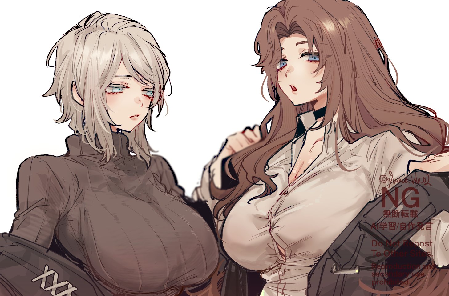 2girls, black choker, black jacket, black sweater, blue eyes, breasts, brown hair, brown sweater, cg, choker, cleavage, closed mouth, coat, collared shirt, faust (limbus company), female, huge breasts, jacket, large breasts, limbus company, long hair, long sleeves, looking at viewer, multiple females, multiple girls, off shoulder, open mouth, project moon, ribbed sweater, rodion (limbus company), shirt, short hair, simple background, sweater, turtleneck, turtleneck sweater, upper body, very long hair, white background, white hair, white shirt