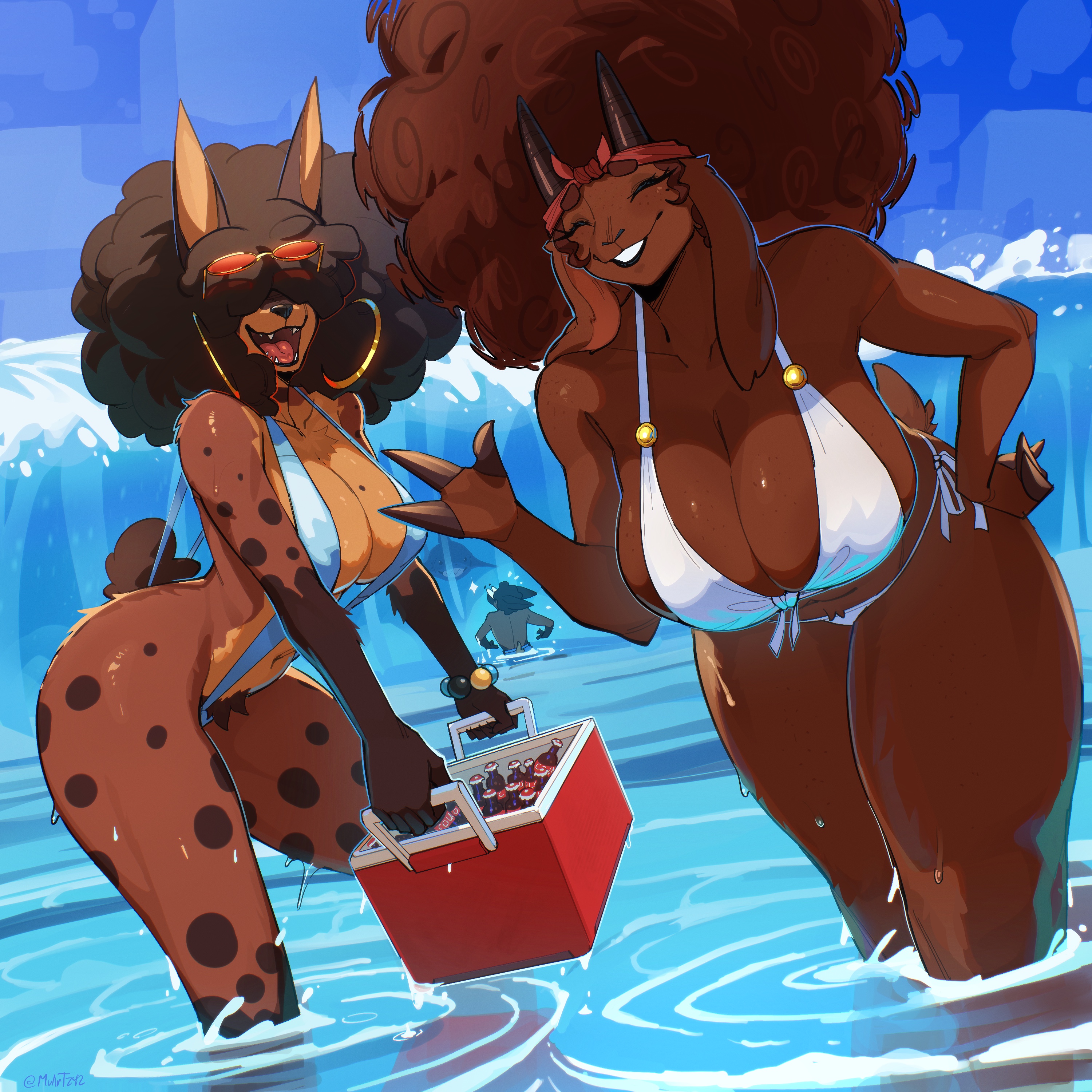 2girls, anthro, anthro female, beach, big breasts, bikini, breasts, female, female focus, female only, front view, furry, furry female, furry only, large boobs, large breasts, looking at viewer, muart242, multiple females, multiple girls, smile, smiling, smiling at viewer, swimsuit, swimwear, water