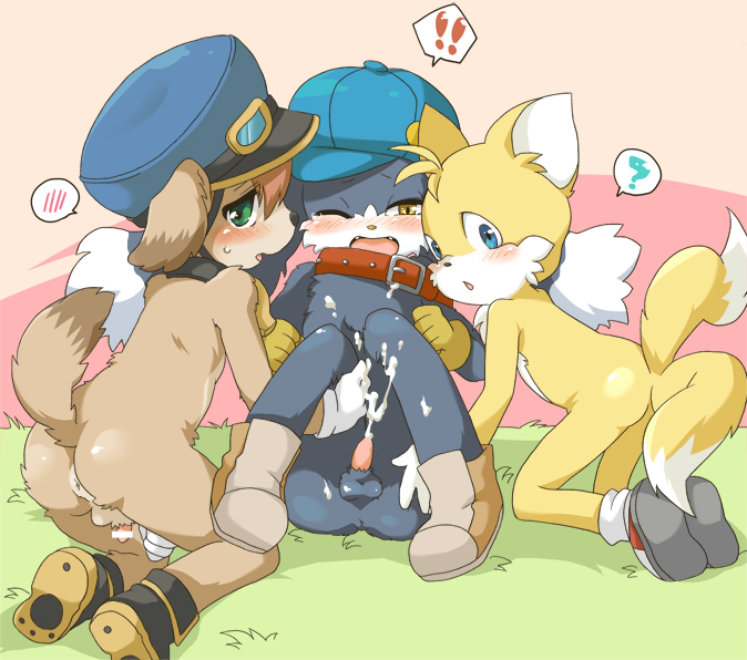 3boys anthro anus ass balls blue_eyes blush canine crossover cub cum cumshot erection fur furry furry_ears furry_tail green_eyes klonoa klonoa_(series) male male_only mamoru-kun mobian_(species) multiple_males penis presenting raised_tail sonic_(series) tail tail_concerto tails yaoi yellow_eyes young