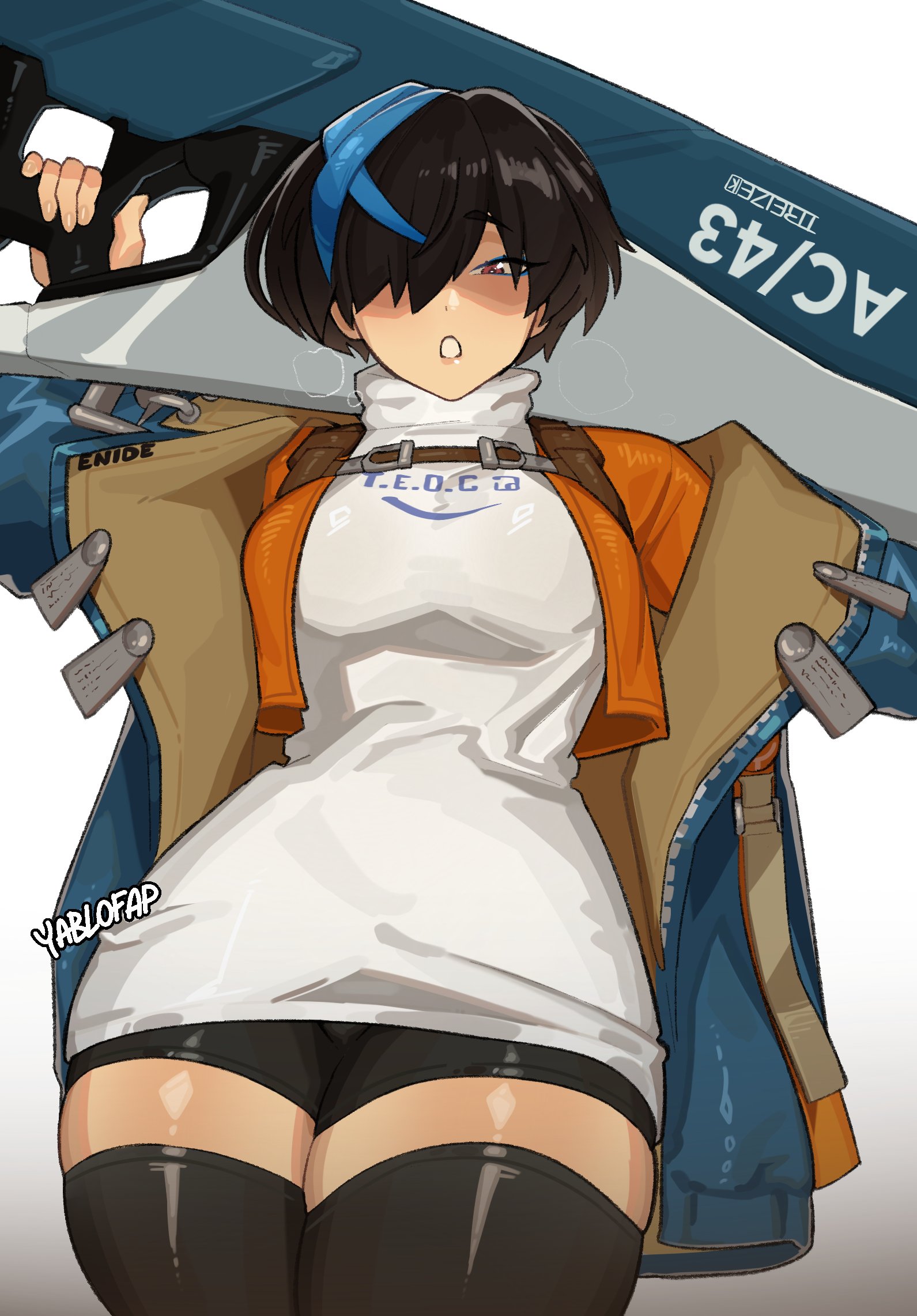 1girls, 2025, 2d, 2d (artwork), 2d artwork, alohapz, black hair, black thighhighs, blue hair, blue jacket, blue streaks, breasts, commentary, english commentary, female, female only, guilty gear, guilty gear strive, highres, holding, holding weapon, huge weapon, jacket, jacket on shoulders, light skin, light-skinned female, looking at viewer, multicolored hair, open clothes, open jacket, open mouth, over shoulder, pixie cut, red eyes, short hair, short hair female, solo, streaked hair, thick thighs, thighhighs, thighs, turtleneck, unika (guilty gear), weapon, weapon over shoulder, yablofap