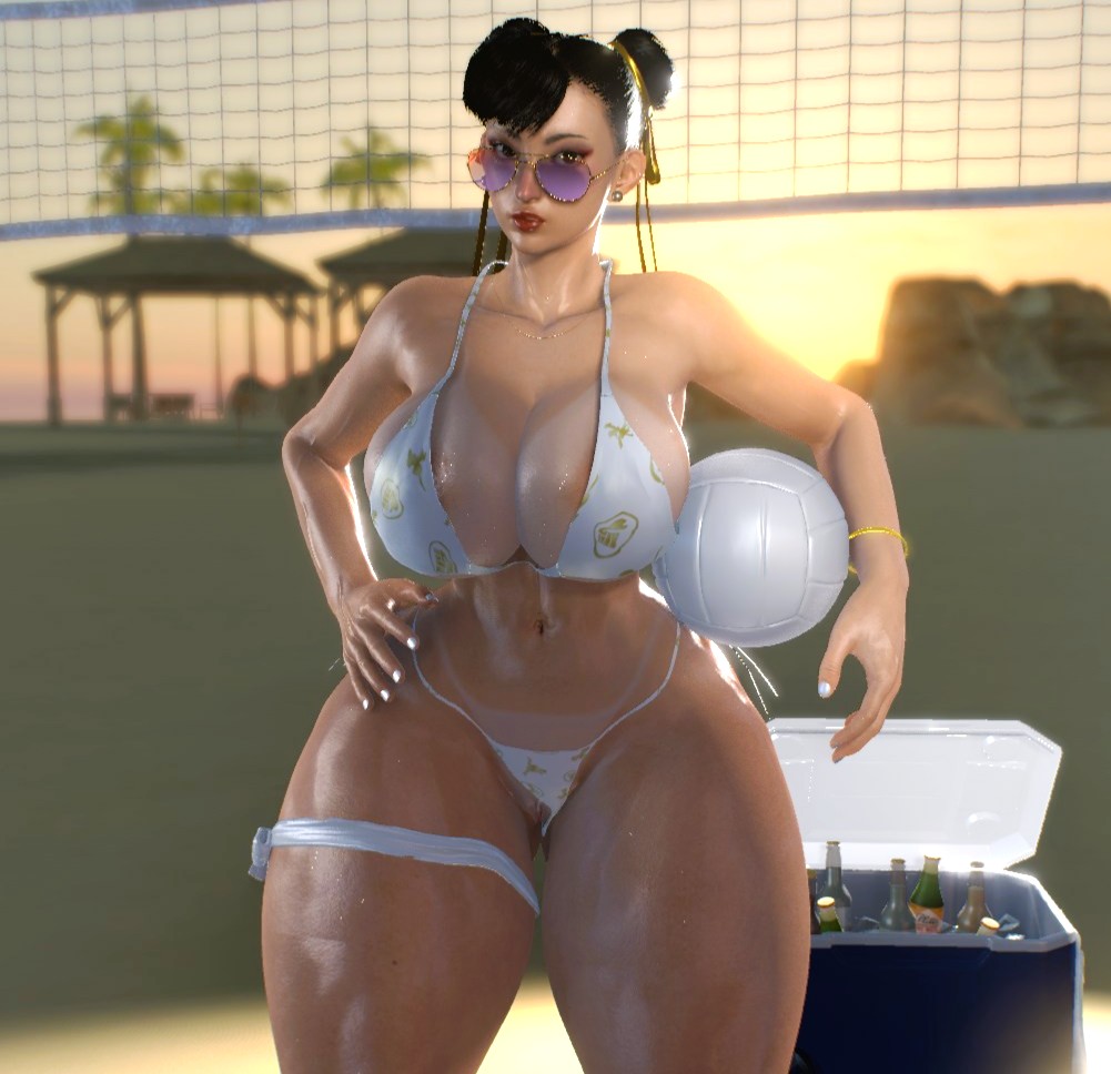 1girls, 3d, areolae, asian, asian female, beach, big breasts, bikini, bikini top, bracelet, breasts, breasts bigger than head, busty, capcom, chun-li, cooler, curvy, curvy female, female, female focus, female only, genitals, hand on hip, inner sideboob, light-skinned female, lipstick, looking at viewer, malef1cent, nail polish, nipple slip, oiled, panties aside, sideboob, solo, street fighter, street fighter 6, sunglasses, sunlight, sunset, sweat, tanline, tanned, thick thighs, thigh strap, volleyball, volleyball net, voluptuous, wide hips
