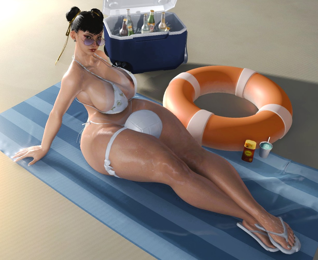 1girls, 3d, areolae, asian female, beach, beach towel, big breasts, bikini, bikini top, bracelet, breasts, breasts bigger than head, busty, capcom, chun-li, cooler, curvy, curvy female, female, female focus, female only, flip flops, hands behind back, ice cream, light-skinned female, lipstick, looking at viewer, lotion, malef1cent, nail polish, nipple slip, nipples, oiled, palm tree, sand, sitting, solo, street fighter, street fighter 6, sunglasses, sunlight, sunset, sweat, tagme, thick thighs, thigh strap, volleyball, voluptuous, watermelon crushing, wish that was me