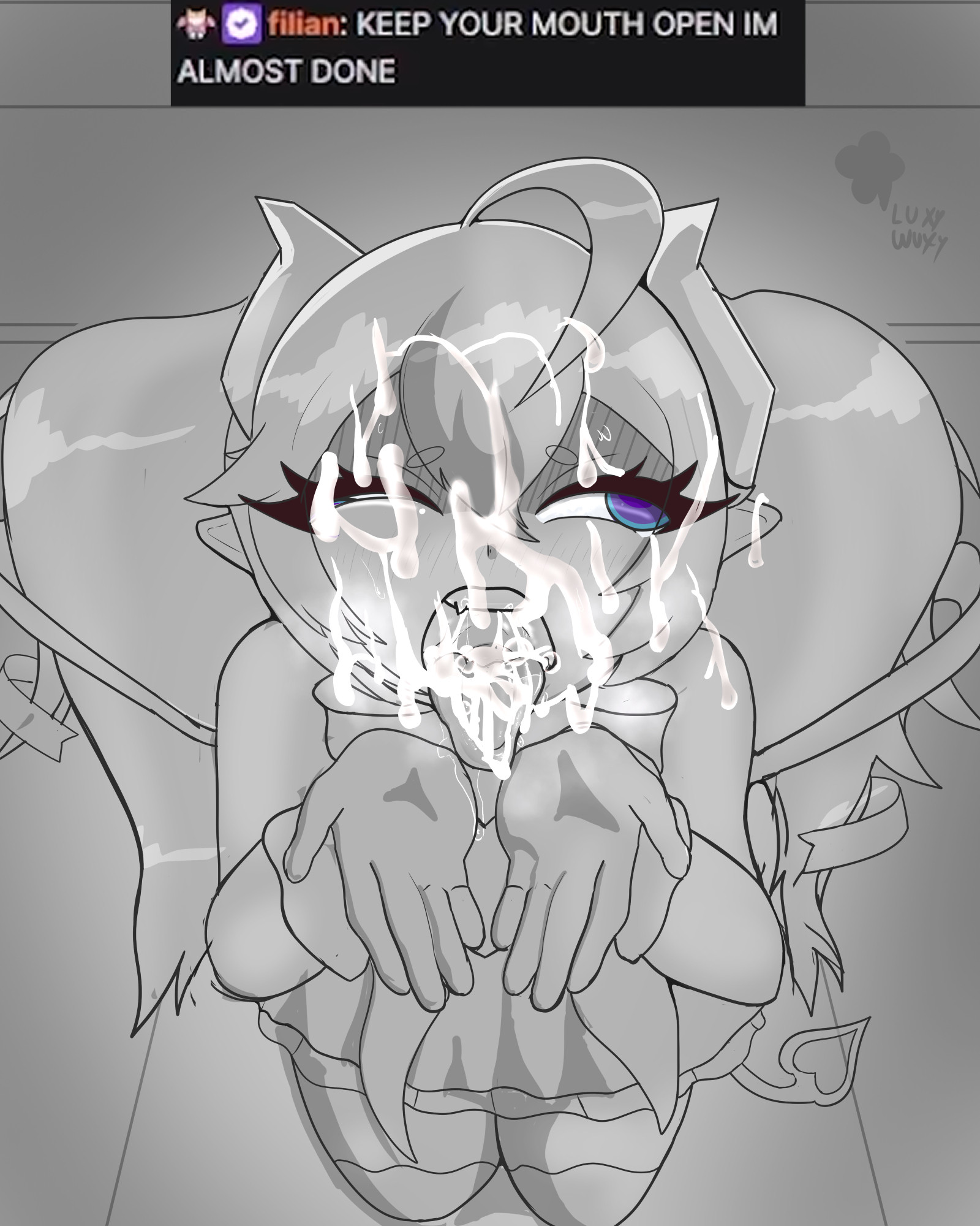 1girls, chibidoki, crossed eyes, crossover, cum, cum in mouth, cum on face, facial, female, filian (vtuber), implied futa, indie virtual youtuber, jerkoff visual assistance, luxywuxy, magical girl, mouth shot, off screen character, open mouth, oral, tagme, tongue out, virtual youtuber, vtuber, youtube, youtuber