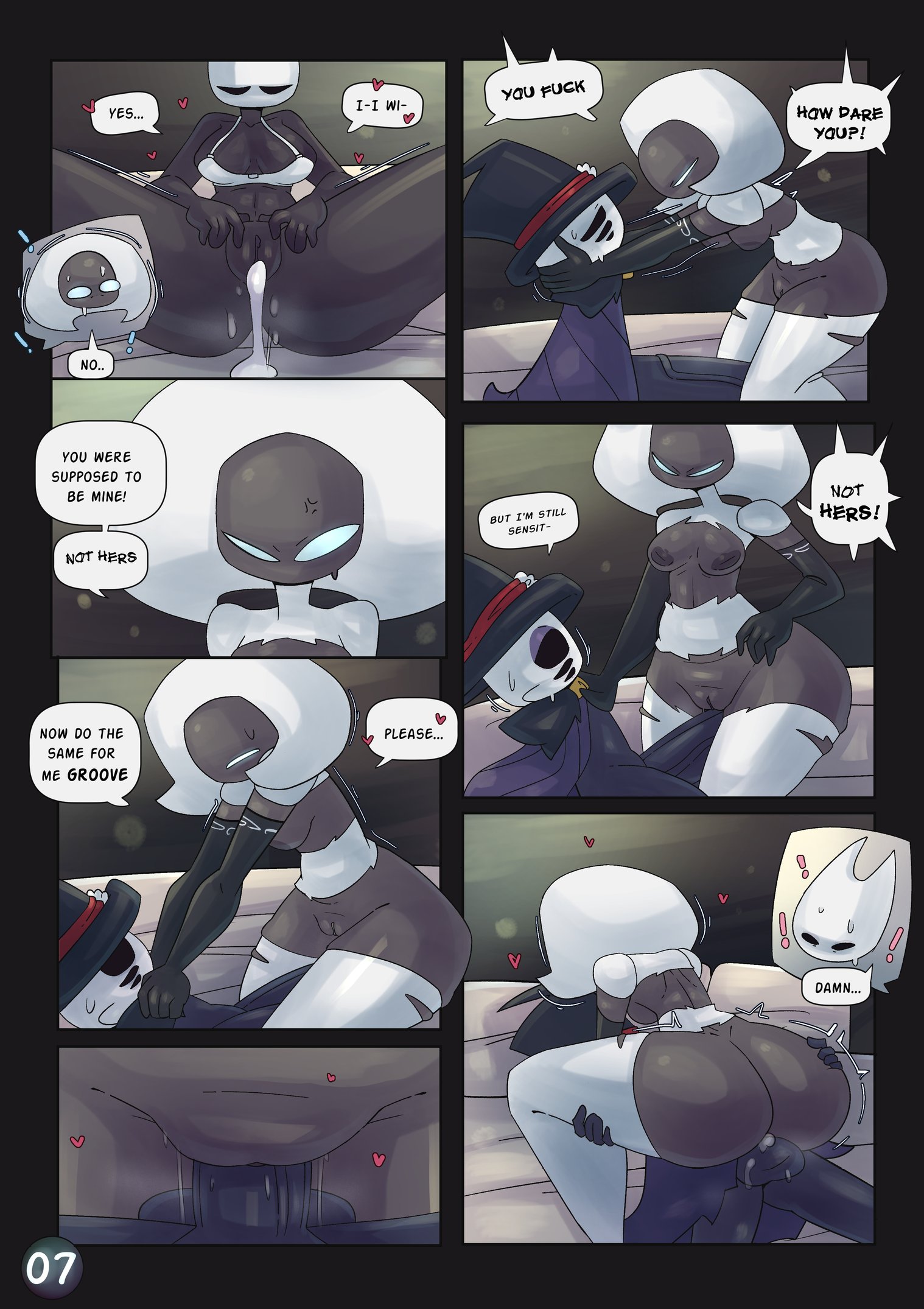 1girls, 2girls, anti groove, belty42, big ass, big breasts, big butt, big penis, big thighs, blue eyes, bug, comic, cowgirl position, english, english text, femdom, grey body, hollow knight, hollow knight: silksong, hornet (hollow knight), jealous, jealous female, lace (hollow knight), small breasts, sweat, top hat, tophat, torn clothes, torn clothing, vaginal penetration, vaginal sex
