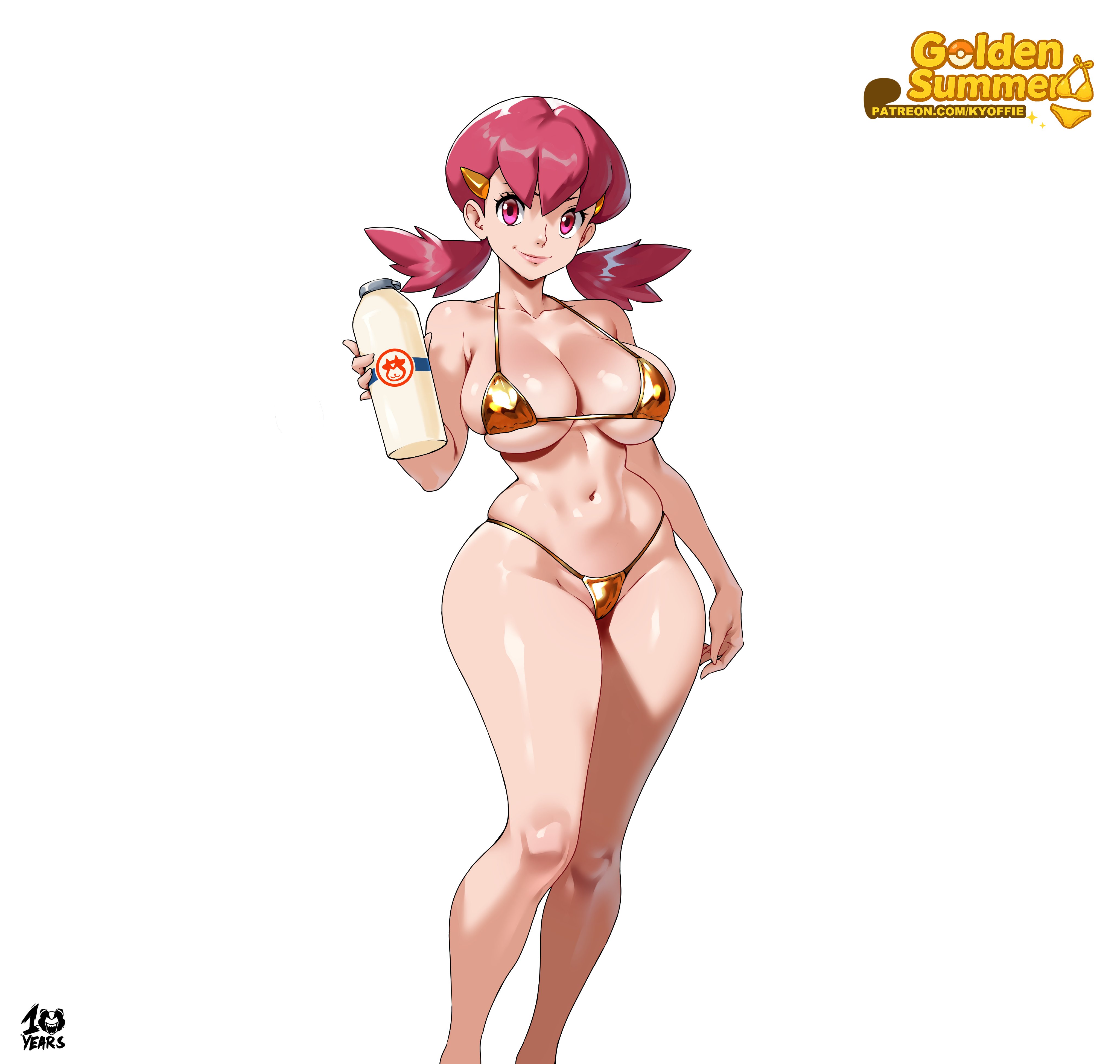 1girls, 2025, big breasts, breasts, female, female only, game freak, gold bikini, kyoffie, looking at viewer, milk, milk bottle, nintendo, pale skin, pink eyes, pink hair, pink-haired female, pokemon, pokemon gsc, tagme, thick thighs, twintails, watermark, white background, whitney (pokemon)
