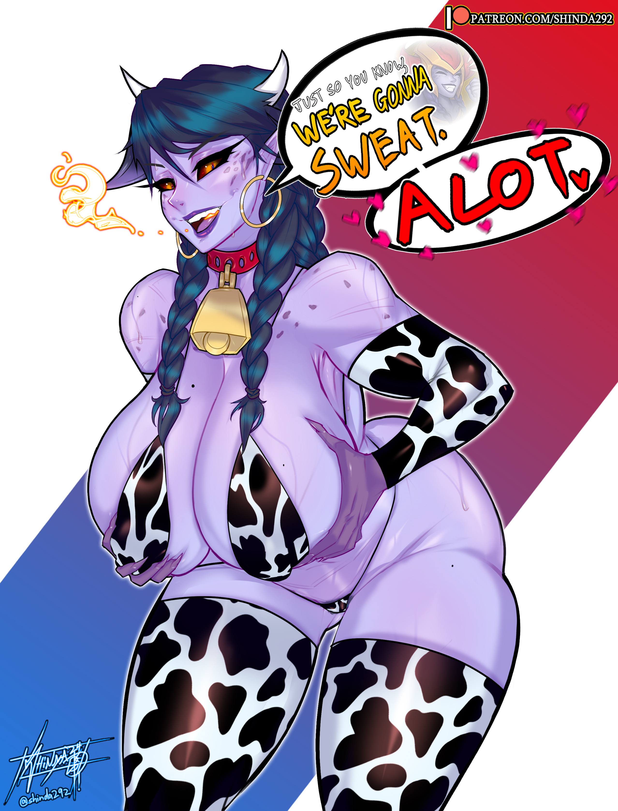 1girls, bikini, breasts, cleavage, cow print, cow print armwear, cow print bikini, cow print legwear, cow print thighhighs, female, female only, huge breasts, league of legends, shinda292, shyvana, solo, solo female, standing, voluptuous