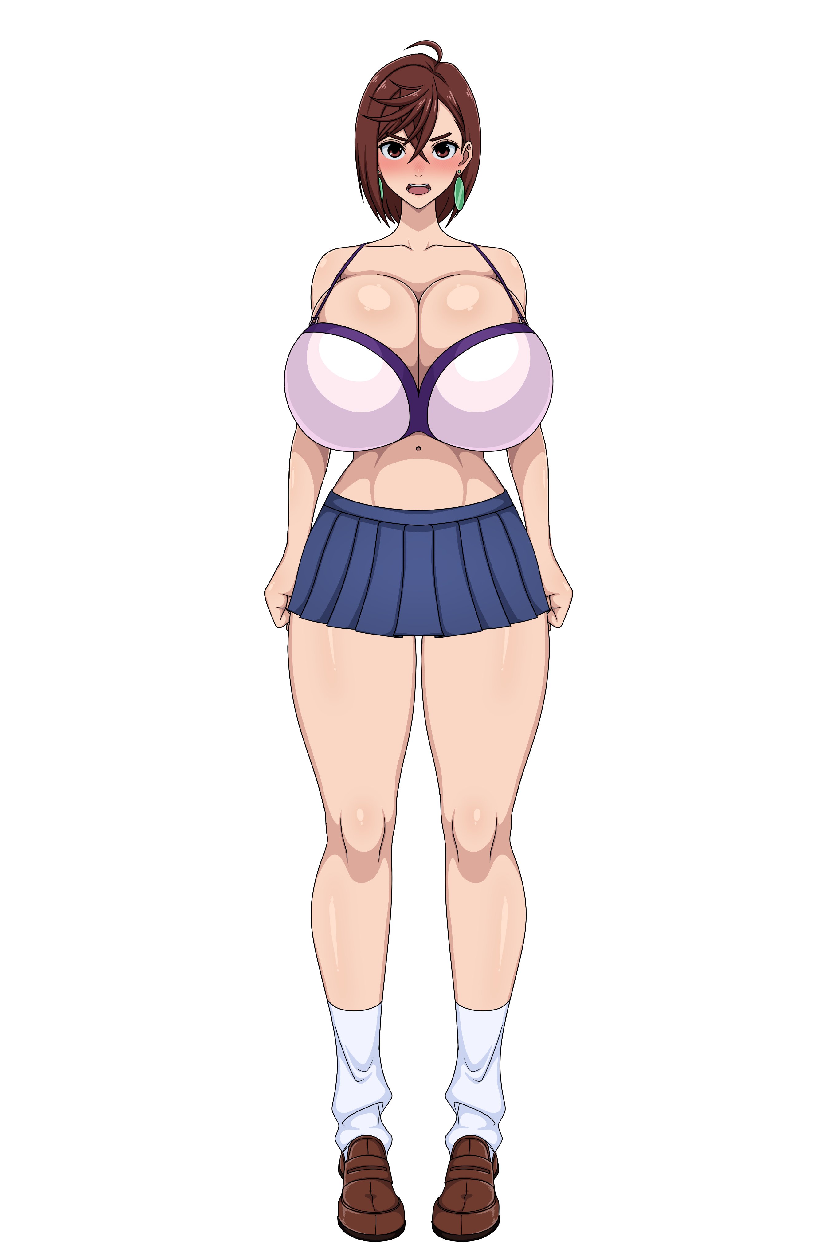 1girls, ayase momo, barely clothed, big breasts, bra, breasts, breasts bigger than head, brown eyes, brown hair, cleavage, clothed, dandadan, earrings, exposed legs, female, female focus, female only, half naked, huge breasts, large breasts, long socks, looking at viewer, loose socks, miniskirt, open mouth, school, school uniform, schoolgirl, serious, short hair, short skirt, sihkygmojsn, simple background, skirt, solo, solo female, solo focus, standing, thick thighs, thighs, white background, wide hips
