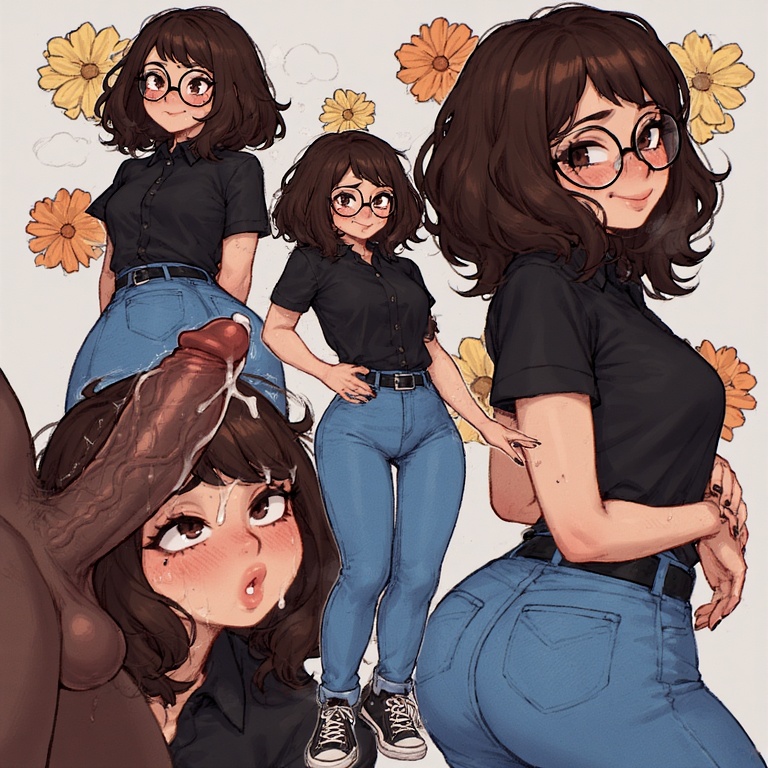 1boy, 1girls, ai generated, big penis, black penis, breasts, brown eyes, brown hair, bubble butt, character request, cum, cute, dark-skinned male, female, glasses, interracial, jeans, kyokalovesxo, light-skinned female, looking at penis, male, medium hair, nerdy, nerdy female, nice ass, oral, penis, petite, round ass, shoulder length hair, slim, small breasts, sundress, tight clothing, tight jeans, younger female, younger female older male