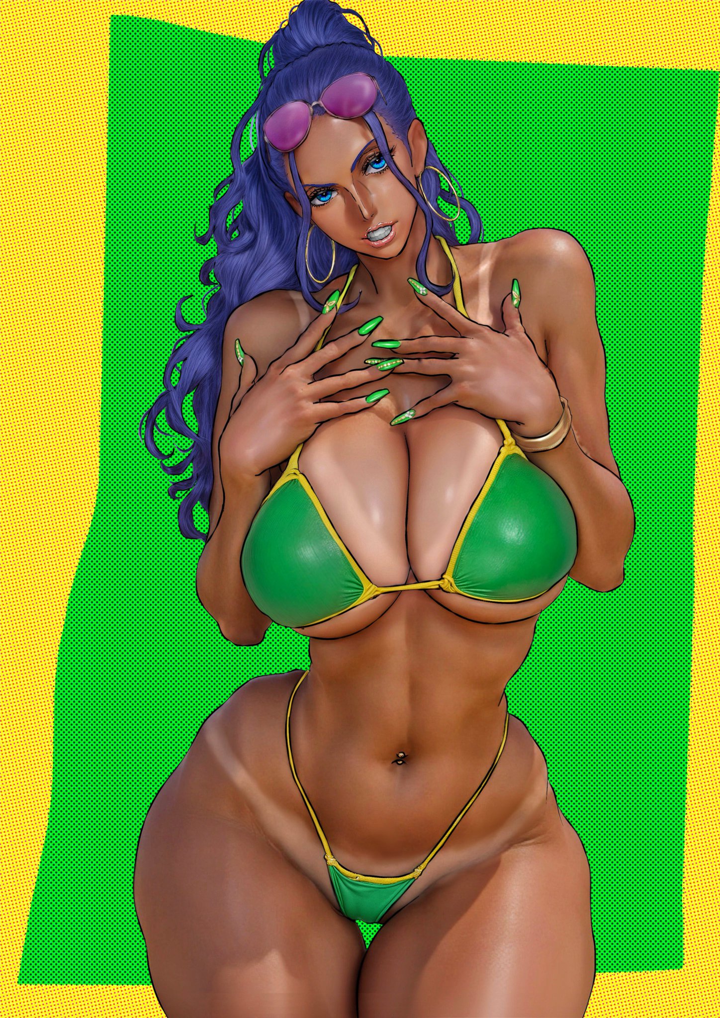1girls, b 0 rukia, belly, belly button, big breasts, bikini, black hair, black-haired female, blue eyes, brazil, brazilian, brazilian female, brazilian nico robin, breasts, curvy, curvy figure, dark-skinned female, female, female focus, female only, large breasts, long hair, nico robin, one piece, ponytail, post-timeskip, solo, sunglasses on head, swimsuit, toned female, voluptuous female