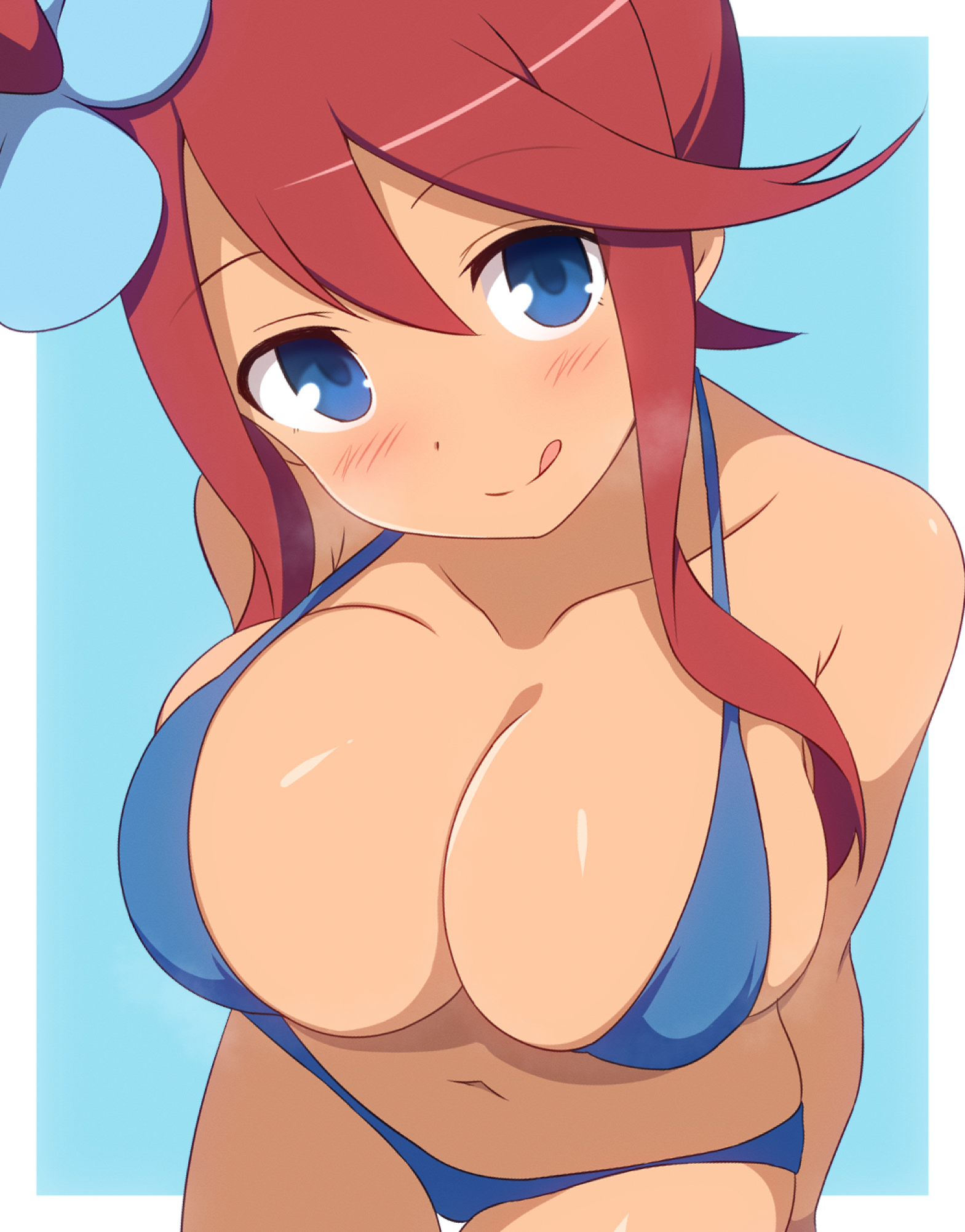 :q, bikini, blue background, blue bikini, blue eyes, blue theme, breasts, curakuru, female, game freak, highres, large breasts, looking at viewer, navel, nintendo, one side up, pokemon, pokemon bw, red hair, skyla (pokemon), solo, swimsuit, tongue, tongue out, upper body, white border
