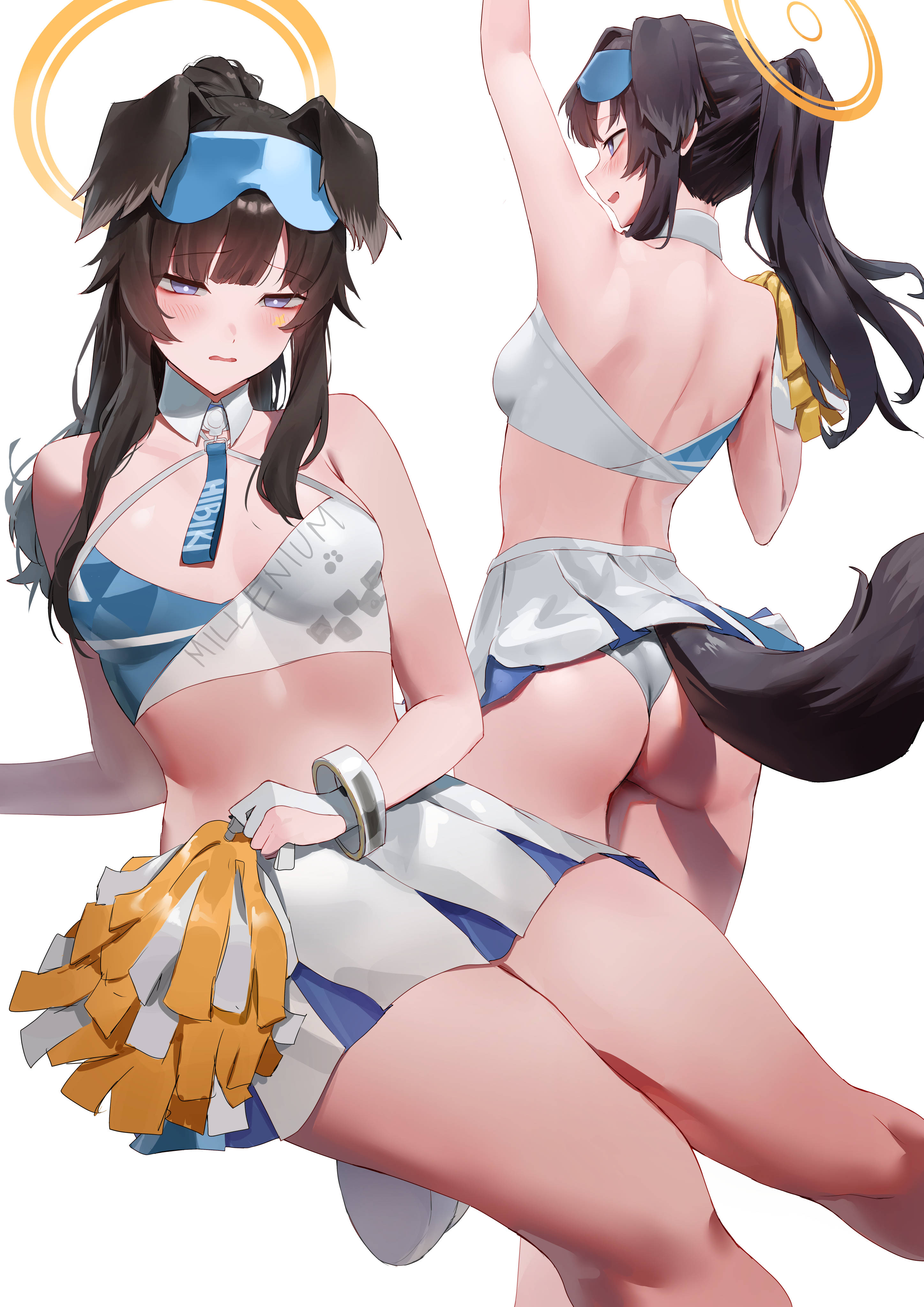 1girls, ass, big ass, blue archive, blush, breasts, cheerleader, dog ears, dog girl, dog tail, female, female only, halo, hi res, hibiki (blue archive), hibiki (cheerleader) (blue archive), high resolution, millennium science school student, miniskirt, pom pom (cheerleading), rororo, skirt, tail, video game character