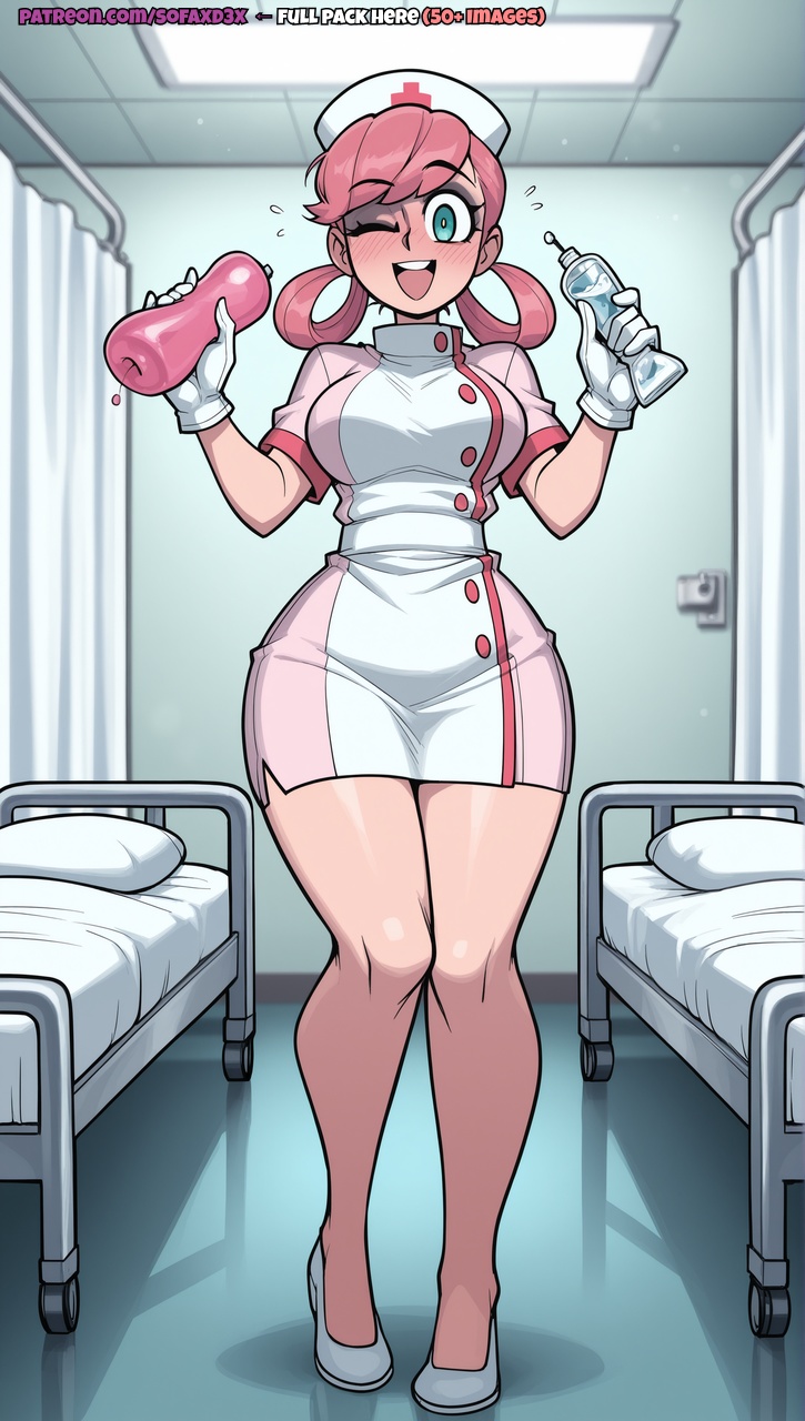 ;d, ai generated, artificial vagina, bed, blue eyes, blush, breasts, curtains, dildo, dress, female, full body, gloves, hat, high heels, holding, hospital, hospital bed, indoors, infirmary, large breasts, looking at viewer, nurse, nurse cap, nurse joy, on bed, one eye closed, open mouth, pink dress, pink hair, pokemon, pokemon (anime), pokemon (game), sex toy, short sleeves, smile, sofaxd3x, solo, standing, teeth, thick thighs, thighs, upper teeth only, white footwear, white gloves, wide hips