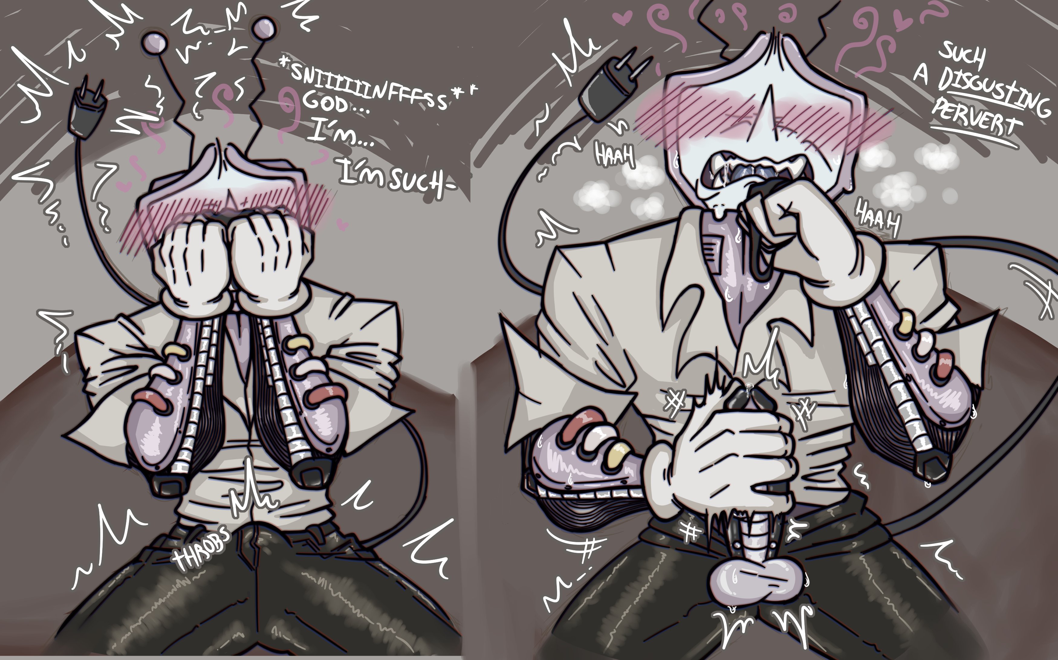 ashamed, big penis, bulge, bulge through clothing, deltarune, deltarune chapter 3, gloved hands, guilt, jacob's ladder, male, panty sniffing, penis, pervert, tenna (deltarune), underwear sniffing