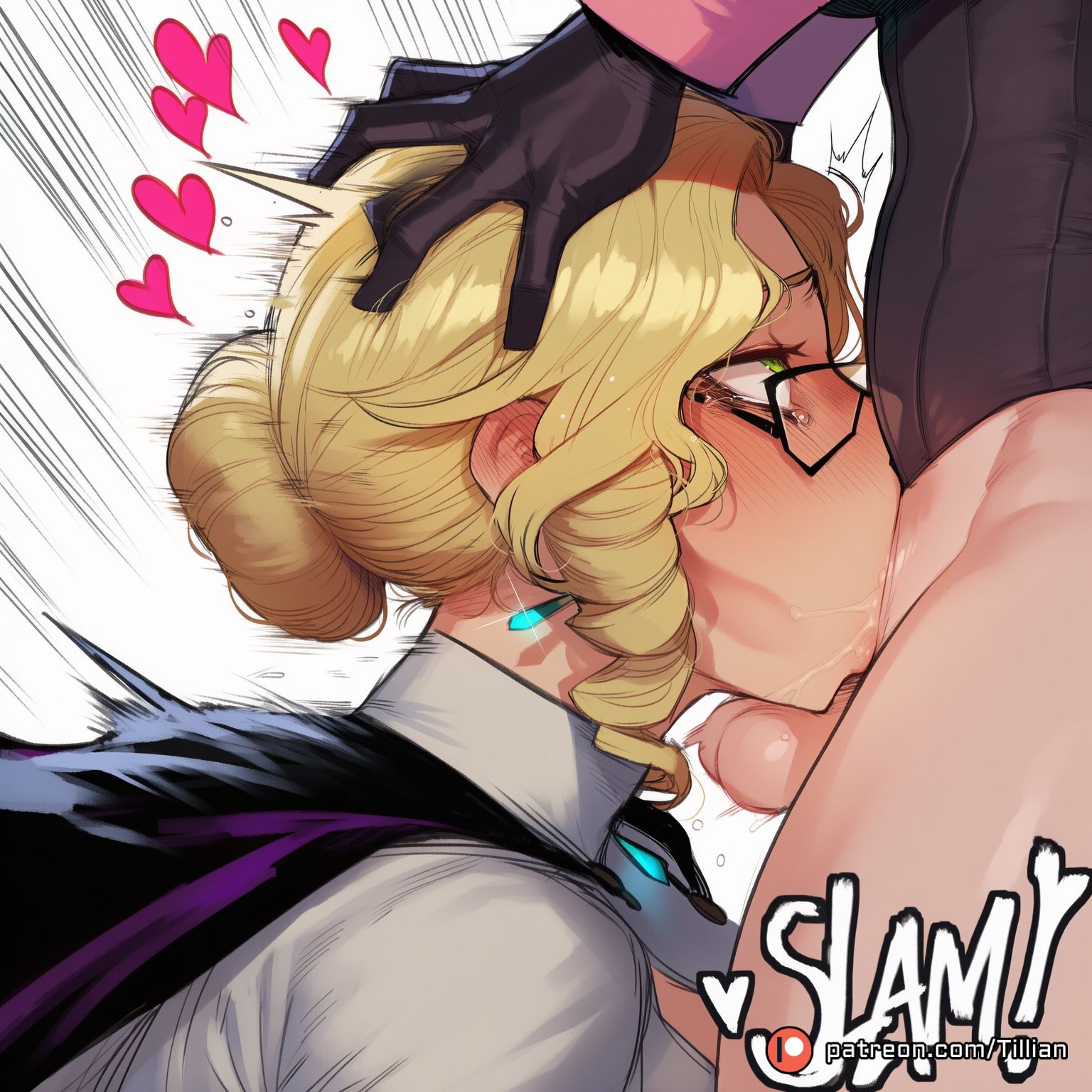 2girls, ai generated, all the way to the base, artist name, balls, black gloves, black-framed eyewear, blonde hair, blush, bottomless, cape, deepthroat, drill hair, ear blush, earrings, fellatio, female, from side, futa with female, futanari, glasses, gloves, glynda goodwitch, green eyes, hair bun, hand on another's head, head grab, heart, heart-shaped pupils, intersex, irrumatio, jewelry, motion lines, multiple females, multiple girls, neo (rwby), nose blush, oral, patreon logo, patreon username, penis, rolling eyes, runny makeup, rwby, saliva, simple background, single hair bun, solo focus, speed lines, tearing up, tears, testicles, tillian, uncensored, white background