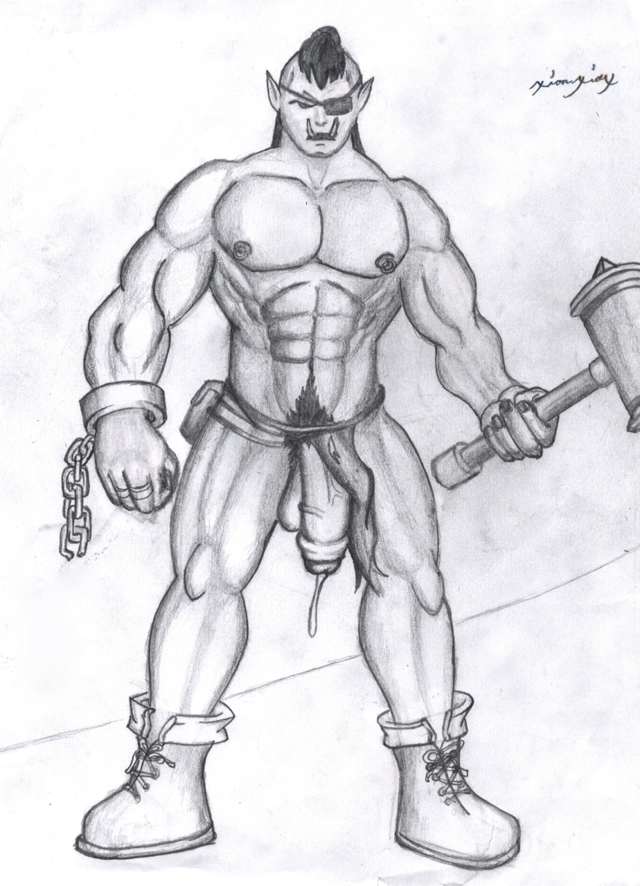 abs angry beast big big_penis cum eye_patch eyewear hammer loincloth male male_only melee_weapon monster muscles orc orc_male penis precum ripped scary shackled solo solo_male war_hammer weapon xionxiox