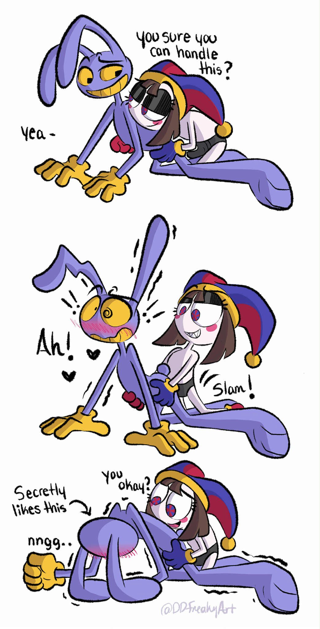 1boy, 1girls, 4 fingers, anal, anal sex, anthro, blush, ddfreakyart, domni, duo, female, female penetrating, female penetrating male, femdom, fingers, glitch productions, grabbing waist, heart symbol, hi res, humanoid, jax (tadc), jax (the amazing digital circus), lagomorph, larger male, leporid, male, male penetrated, male/female, mammal, motion lines, object in ass, overwhelmed, pegging, penetration, pomni (tadc), pomni (the amazing digital circus), rabbit, secretly loves it, sex, sex toy, sex toy in ass, sex toy insertion, shaking, sharp teeth, shivering, size difference, small dom big sub, smaller female, smug face, smug grin, spiral, spiral eyes, strap-on, strapon, surprised, teeth, the amazing digital circus, toying partner, waist grab