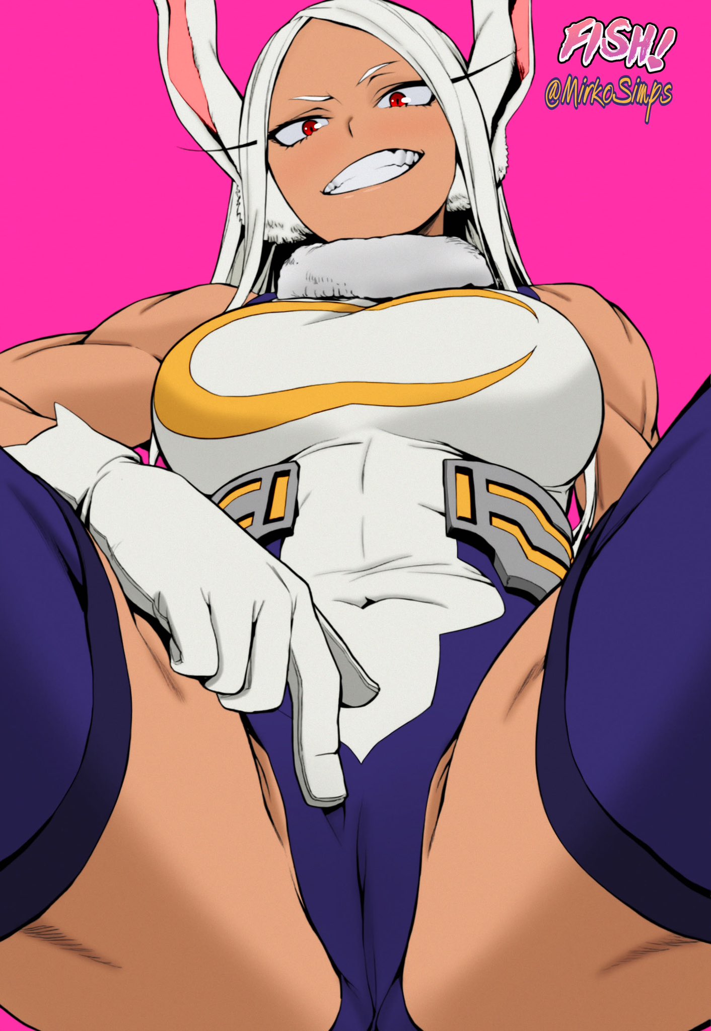 boku no hero academia, breasts, cameltoe, dark-skinned female, female, grin, huge breasts, mirko, mirkosimps, miruko, my hero academia, parallaxfused, rumi usagiyama, thick thighs, usagiyama rumi