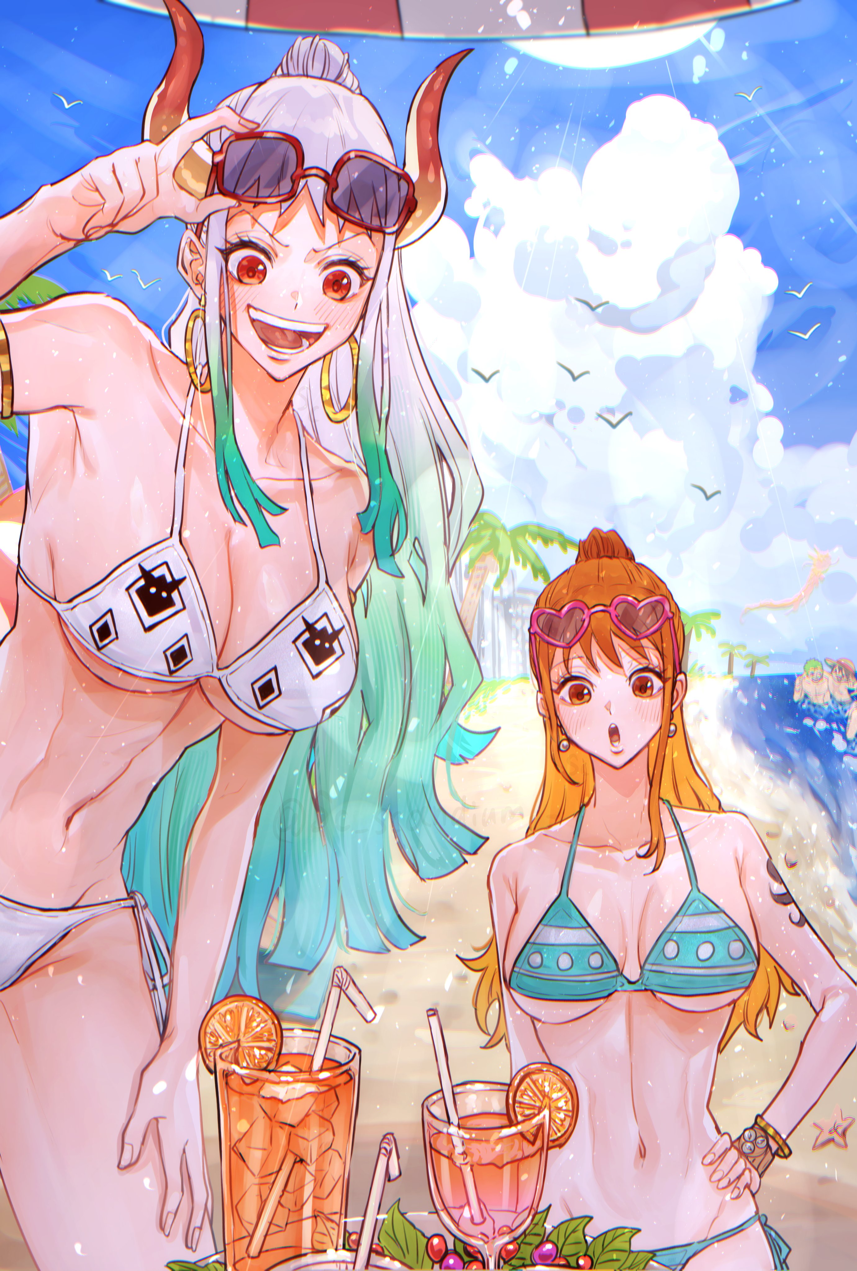 2girls, arm tattoo, beach, beverage, big breasts, bikini, bikini bottom, bikini top, black tattoo, blush, breasts, brown eyes, cleavage, collarbone, curvaceous, curvy, curvy female, curvy figure, drinking glass, earrings, eyebrows, eyebrows visible through hair, eyelashes, fat breasts, female, female focus, female only, fit, fit female, flat belly, green hair, hand on hip, happy, heart-shaped sunglasses, holding sunglasses, hoop earrings, huge breasts, large breasts, light skin, light-skinned female, long hair, midriff, muscular, muscular female, nami (one piece), navel, one piece, open mouth, orange hair, orange-haired female, outdoors, outside, pecs, ponytail, red eyes, sc scandium, side-tie bikini, sky, slim waist, smile, solo, solo female, solo focus, standing, sunglasses, sunglasses on head, swimwear, taller female, tattoo, thick thighs, thighs, thin waist, tied hair, two-tone hair, white bikini, white hair, white-haired female, yamato (one piece)