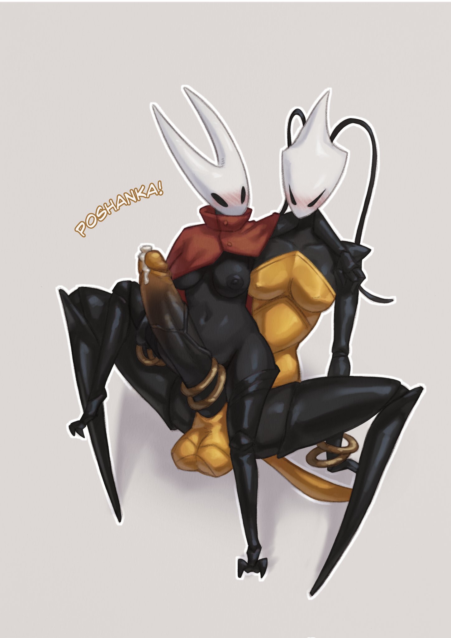 1futa, 1futa1girl, 2 horns, 2girls, aerolae, alternate body type, alternate breast size, arm around neck, arthropod, artist name, big ass, big breasts, black body, black skin, blush, blushing, breasts, bug, bug girl, cape, cock ring, cum, female, futa on female, futa with female, futanari, hollow knight, hollow knight: silksong, hornet (hollow knight), horns, huge cock, imminent sex, insect girl, insects, intersex, large ass, large breasts, leaning back, nipples, penis, precum, red cape, shakra (hollow knight), silksong, sitting, sitting on lap, succubustail, team cherry, text