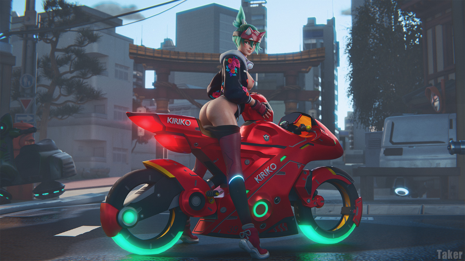 1girls, 2025, 3d, alternate eye color, areolae, ass, bike, breasts, eyeliner, face markings, female, female only, fingerless gloves, front view, full body, functionally nude, gloves, green eyes, hair ribbon, headband, high top sneakers, high tops, horned headwear, kiriko (overwatch), kiriko kamori, looking at viewer, medium breasts, ninja headband, nipples, no panties, no underwear, nopan, nude, nude female, outdoor nudity, outdoors, overwatch, overwatch 2, pussy, ribbon, riding bike, sneakers, solo, standing, takerskiy, teal hair, tied hair, vulva, winged eyeliner