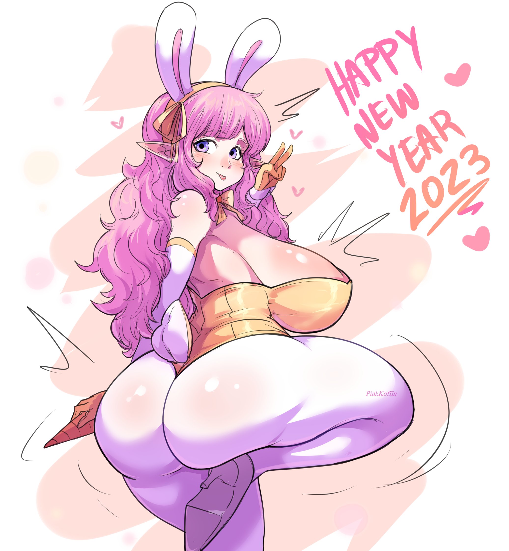 1girls, ass, breasts, bunny ears, bunny girl, bunnysuit, elf, elf ears, elf female, elf-chan, female, female only, high heels, huge ass, huge breasts, light skin, light-skinned female, long ears, long hair, new year, new year 2023, original, original character, pink hair, pinkkoffin, pointy ears, purple eyes, sideboob, thick ass, thick thighs, thighs, year of the rabbit