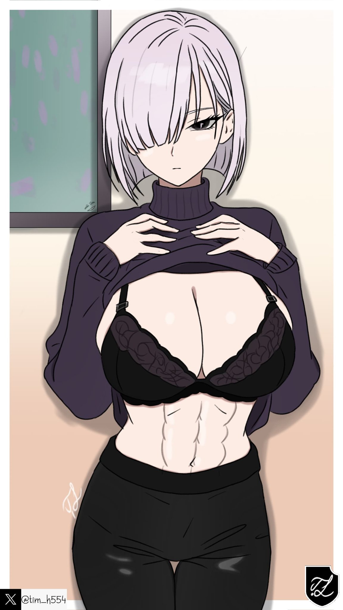 black pants, bob cut, bob cut hair, bra, breasts, easter egg, emotionless, female, fiona frost, grey eyes, in love, large breasts, lifting own clothes, love, muscular, muscular female, nightfall (spy x family), purple sweater, short hair, signature, six pack, spy x family, tagme, tim heyderich, twitter username, white hair
