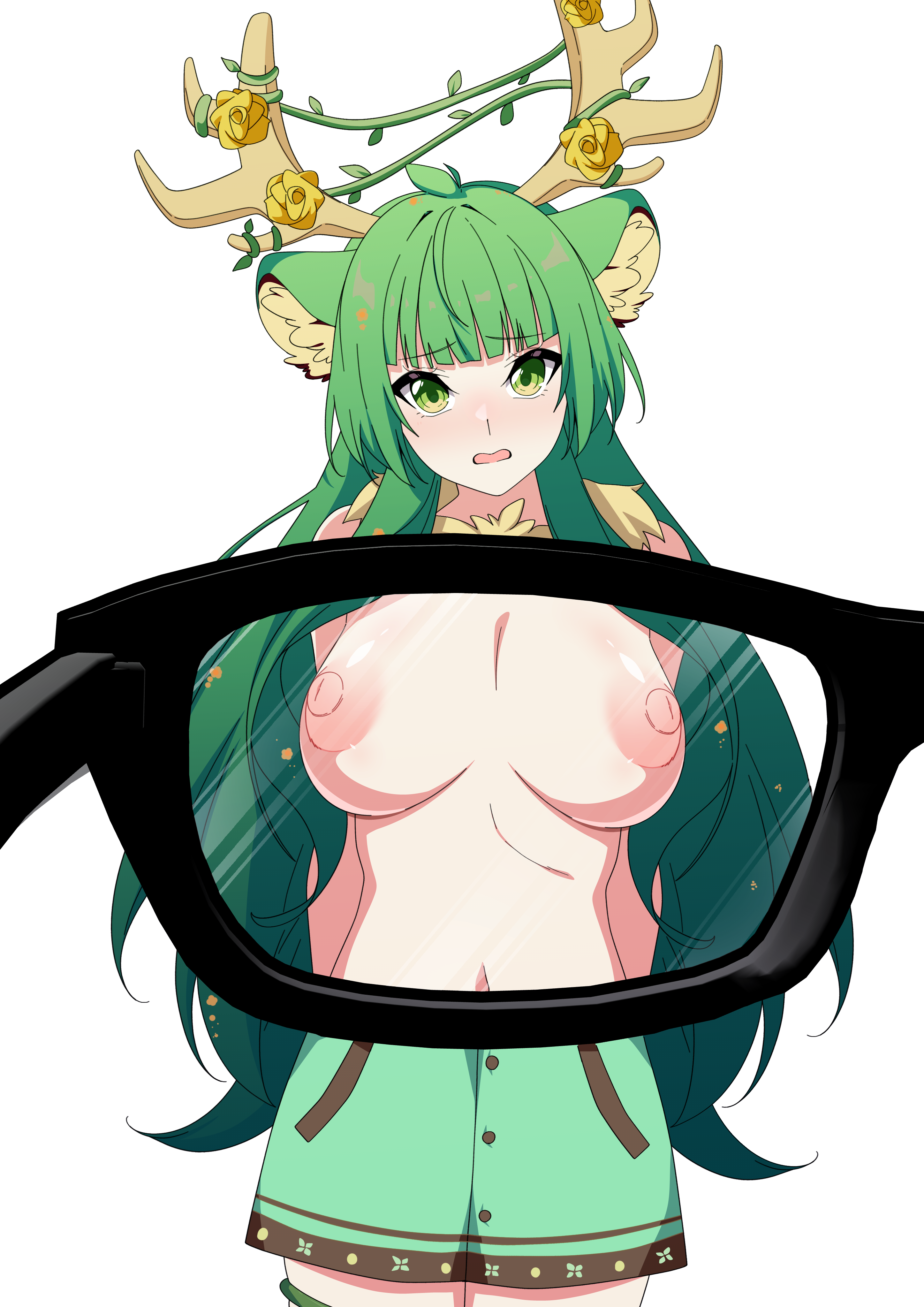 1girls, animal ears, antlers, breasts, exposed breasts, female, flowers on head, green dress, green eyes, green hair, haruka karibu, indie virtual youtuber, large breasts, monyamonya78, nipples, unaware, vines, virtual youtuber, vtuber, worried expression, x-ray glasses, x-ray through clothes, x-ray view, x-ray vision
