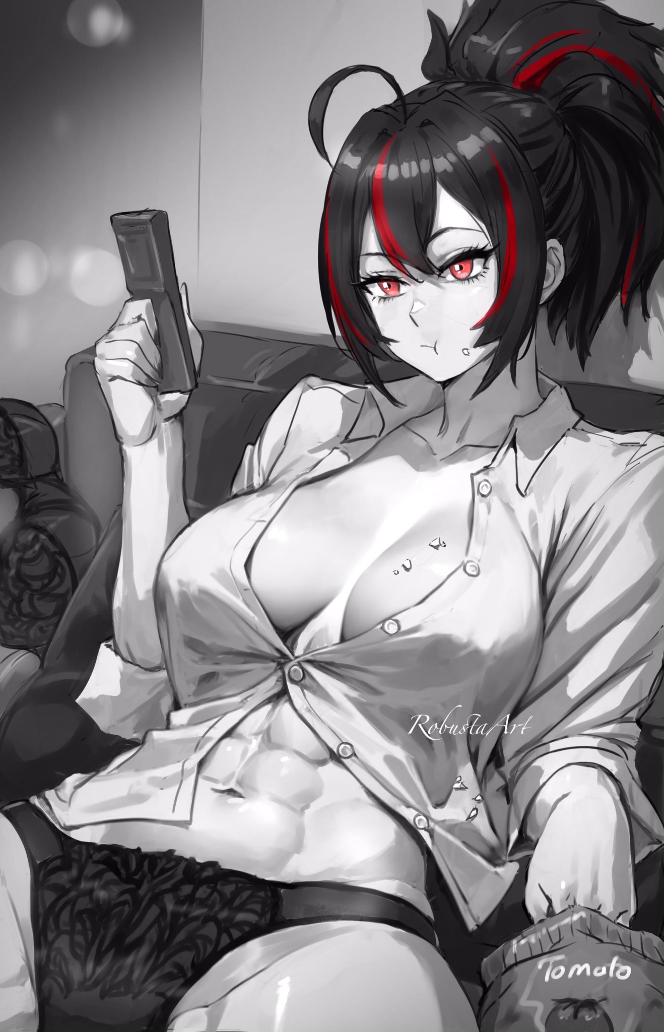 1girls, 2024, abs, big breasts, black hair, black panties, breasts, chips, chips (food), dommy mommy, female, female focus, female only, food, food crumbs, greyscale, heterochromia, highlights (coloring), highres, mommy, on couch, open shirt, panties, ponytail, potato chips, red eyes, robustaart, signature, sitting, solo, solo female, solo focus, tied hair, tv remote, watermark, white shirt, zenless zone zero, zhu yuan
