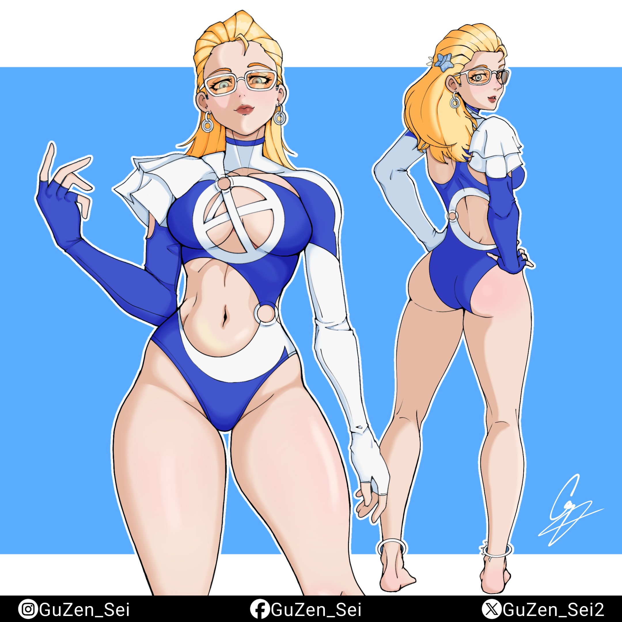 ass, belly, blonde hair, blue eyes, breasts, cleavage, fantastic four, female, guzen sei, invisible woman, invisible woman (azure shade), invisible woman (marvel rivals), large breasts, marvel, marvel comics, marvel rivals, navel, sue storm, swimsuit