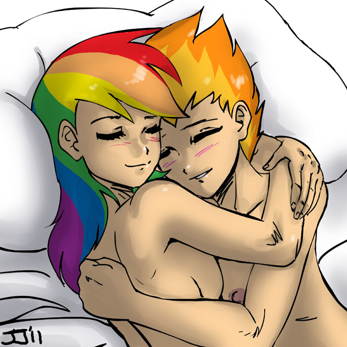 2girls bed blush breasts closed_eyes closed_mouth cuddling duo female female_only friendship_is_magic human humanized john_joseco multiple_females my_little_pony nipples nude nude_female orange_hair pillow rainbow_dash_(mlp) rainbow_hair smile smooth_skin spitfire spitfire_(mlp) wonderbolts_(mlp) yuri