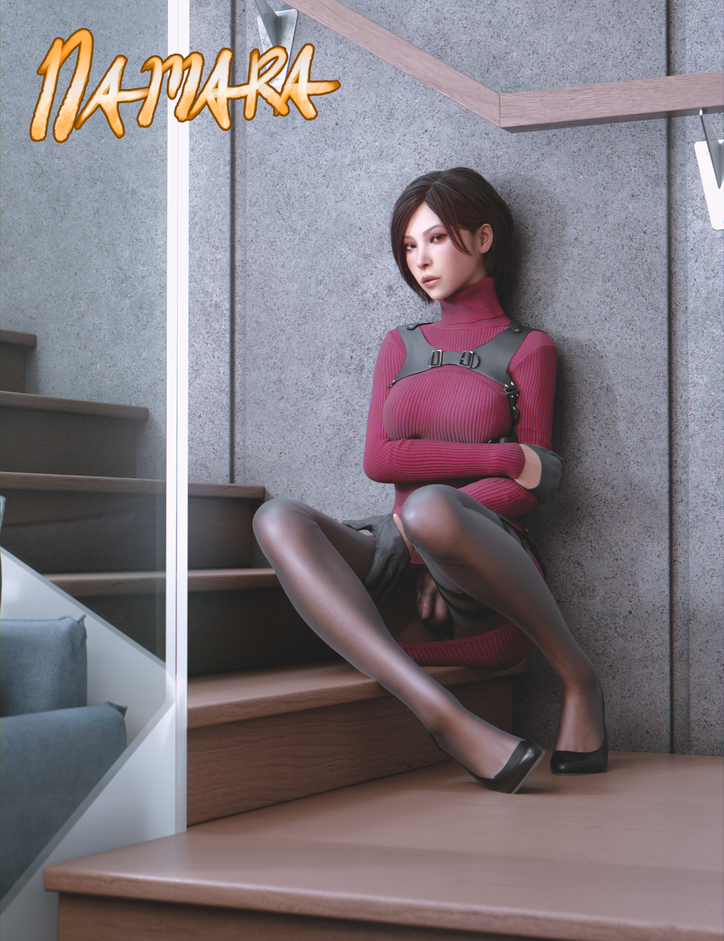 1futa, 3d, ada wong, background, balls, crossed arms, detailed background, flaccid, footwear, front view, full body, futa only, futanari, genitals, gloves, hand on thigh, heels, intersex, looking at viewer, minidress, namara, nylons, penis, resident evil, short hair, short hair futa, sitting, skirt, solo, stairs, stockings, tights, updress
