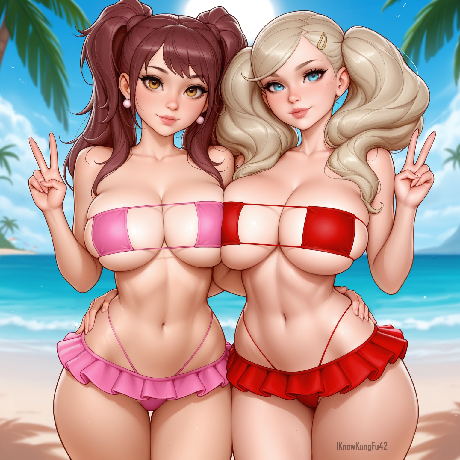 2girls, ai generated, ann takamaki, artist name, beach, big breasts, bikini, bikini bottom, bikini skirt, bikini top, blonde hair, blue eyes, breast press, breasts, brown eyes, brown hair, crossover, earrings, eyelashes, female, female only, hips, hourglass figure, human, iknowkungfu42, kujikawa rise, large breasts, light skin, light-skinned female, lips, long hair, looking at viewer, multiple females, multiple girls, persona, persona 4, persona 5, sfw, smile, symmetrical docking, twintails, v, wide hips