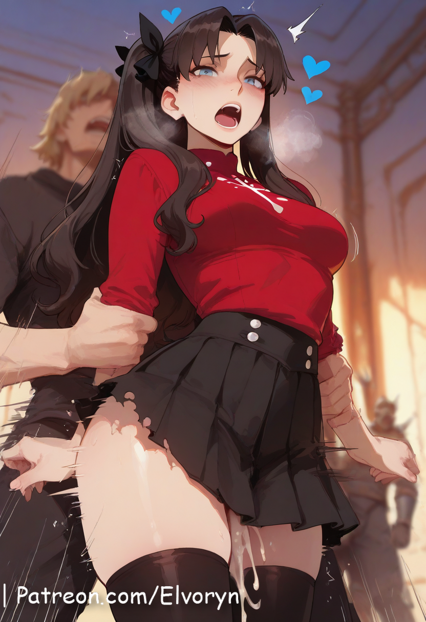 1boy, 1girls, ai generated, anime, artist name, bangs, big breasts, black hair, blush, breasts, bust, chest, cock, collar, cover, cowgirl pose, cowgirl position, cum, cum in pussy, dick, earrings, elvoryn, erect nipples, fate (series), fate/stay night, female, female on cloth, fucking, hard nipples, heavy breasts, hi res, high quality, high resolution, highres, huge boobs, huge breasts, indoors, intercourse, interracial, jewelry, light-skinned male, long hair, looking at viewer, male, massive breasts, multiple males, navel, nipple, nipples, nude, patreon, patreon username, penetration, penis, pussy, ribbon, riding, sex, sexual intercourse, solo focus, squatting cowgirl position, stable diffusion, standing sex, straddling, straight, sweat, tohsaka rin, uncensored nipples, vaginal penetration, watermark, windows