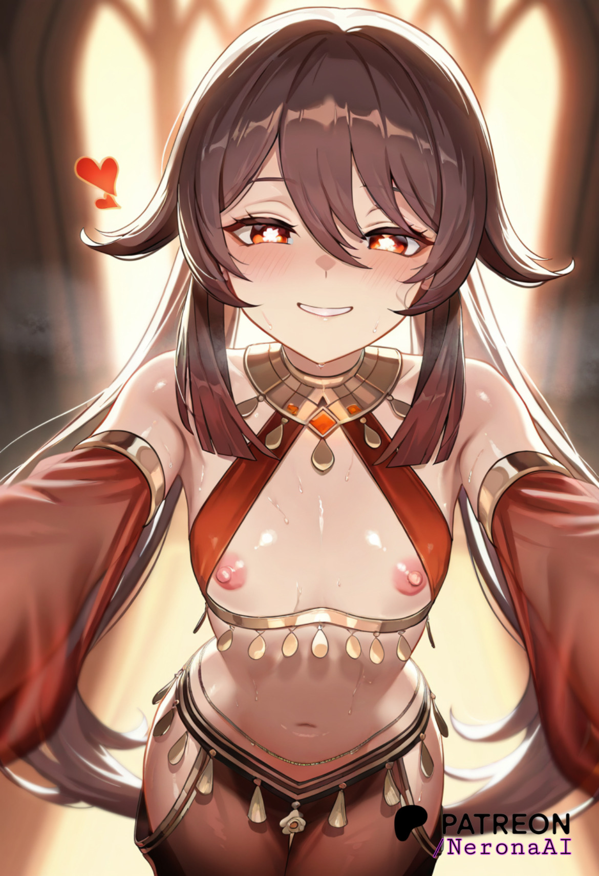 ai, ai art, ai generated, arabian clothes, blush, brown hair, dancer outfit, female, flat chest, genshin impact, hu tao (genshin impact), neronaai, nipples, smile
