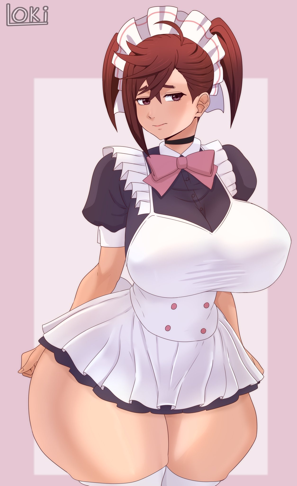 1girls, ayase momo, bare thighs, big breasts, blush, breasts, brown hair, brown-haired female, clothed, clothing, color, dandadan, female, female focus, female only, hi res, large breasts, light skin, light-skinned female, lokidrawsart, maid, maid outfit, maid uniform, short hair, solo, solo female, tagme, thick thighs