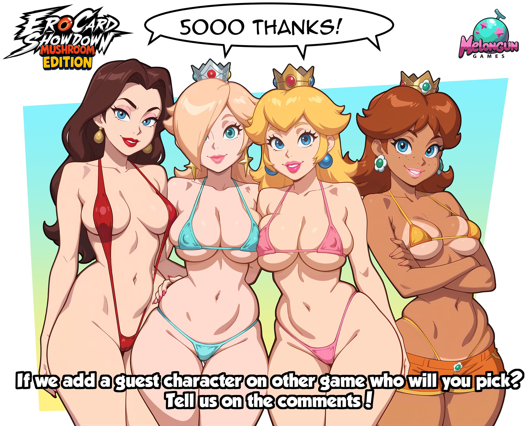 4girls, ai generated, ass, big ass, big breasts, big thighs, breasts, bust, busty, chest, curvaceous, curvy, curvy figure, digital media (artwork), donkey kong (series), ero-card showdown, ero-card showdown, mushroom edition, female, hips, hourglass figure, huge ass, huge breasts, huge thighs, large ass, large breasts, large thighs, legs, light skin, light-skinned female, mario (series), mario vs. donkey kong, mature, mature female, melongun, melongun! games, multiple females, multiple girls, nintendo, pauline, princess, princess daisy, princess peach, princess rosalina, royalty, slim waist, super mario bros., super mario galaxy, super mario odyssey, thick, thick hips, thick legs, thick thighs, thighs, voluptuous, waist, wide hips