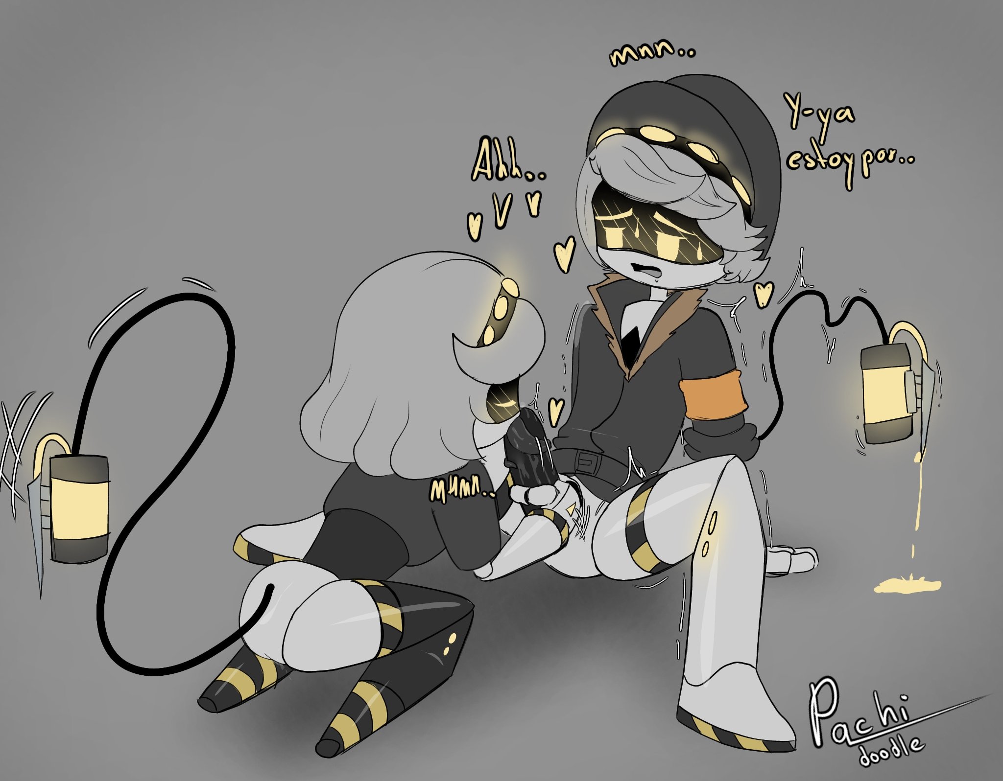 1boy, 1girls, artist name, blowjob, blushing, blushing female, blushing male, clothing, dialogue, envy (murder drones), female, glitch productions, hat, licking, licking penis, male, moaning, moaning in pleasure, moaning on cock, murder drones, n (murder drones), pachinsfw, penis, robot, robot boy, robot girl, robot humanoid, saliva, saliva on penis, saliva on tongue, silver hair, spanish dialogue, spanish text, sucking penis, v (murder drones), watermark, yellow eyes