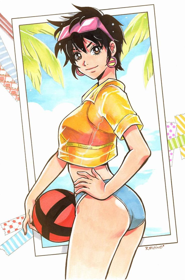 ass, ball, basketball, basketball (object), beachball, bikini, black eyes, black hair, blue bikini, blue sky, breasts, brown eyes, brown hair, closed mouth, clothing, cloud, cloudy sky, crop top, cropped shirt, earrings, eyewear, eyewear on head, female, hand on own hip, holding, holding ball, hoop earrings, jewelry, jubilee, looking at viewer, looking back, marvel, marvel comics, medium breasts, midriff, palm leaf, palm tree, rex espino, see-through, shirt, short black hair, short hair, short sleeves, sky, smile, solo, sports bikini, sunglasses, swimsuit, tinted eyewear, tree, volleyball, x-men, x-men 97, yellow jacket, yellow shirt