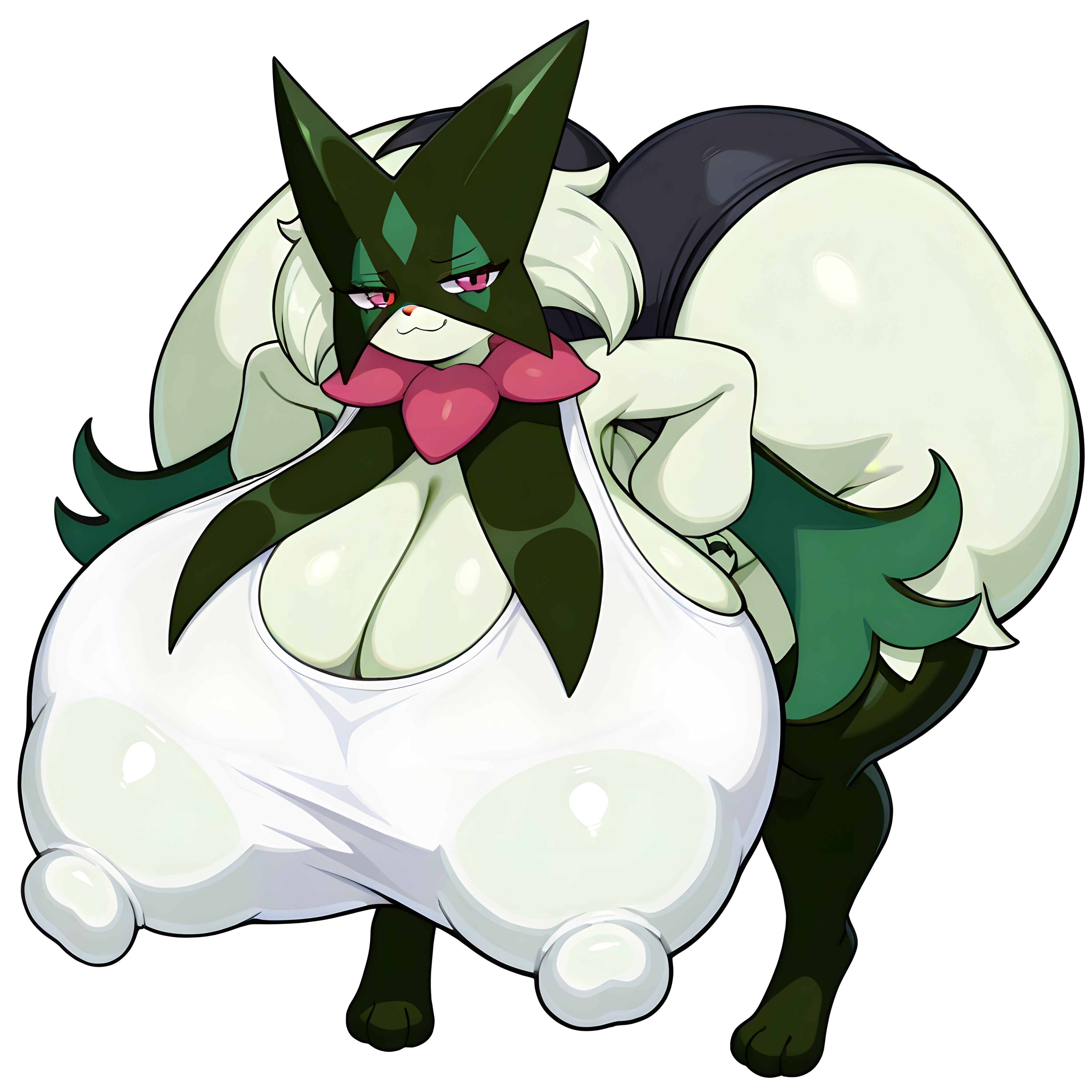 ai generated, breasts, female, furry, hyper ass, hyper breasts, hyper nipples, karlov 13, meowscarada, nintendo, nipple bulge, pokemon, pokemon (species), solo