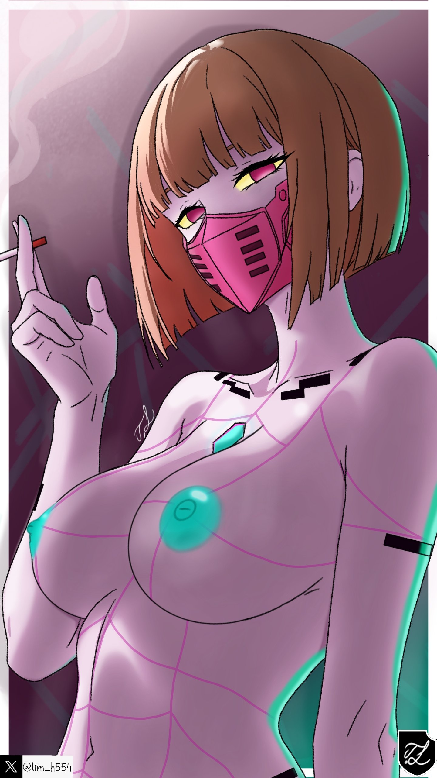 android, blonde hair, blue nipples, bob cut, bob cut hair, cigarette, colored areola, colored nipples, cyan areola, cyan light, cyan nipples, cyberpunk 2077, cyberpunk: edgerunners, kiwi (edgerunners), ligh, logo, magenta eyes, mask, mouth mask, naked, shadow, short hair, signature, smoke, tim heyderich, twitter username, yellow eyes