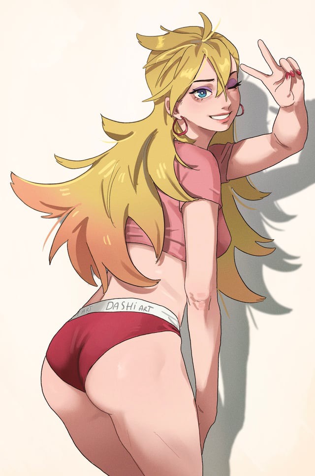 1girl, 1girls, ass, back view, blonde female, blonde hair, blue eyes, crop top, dashi art, ear ring, earrings, eyelashes, eyeshadow, hand on thigh, lips, lipstick, long hair, looking at viewer, looking back, nail polish, nails, panties, panty & stocking with garterbelt, panty anarchy, peace sign, pink crop top, pink lips, pink lipstick, realistic, realistic proportions, red nail polish, red nails, red panties, sexy, shadow, thighs, white background, wink, winking, winking at viewer