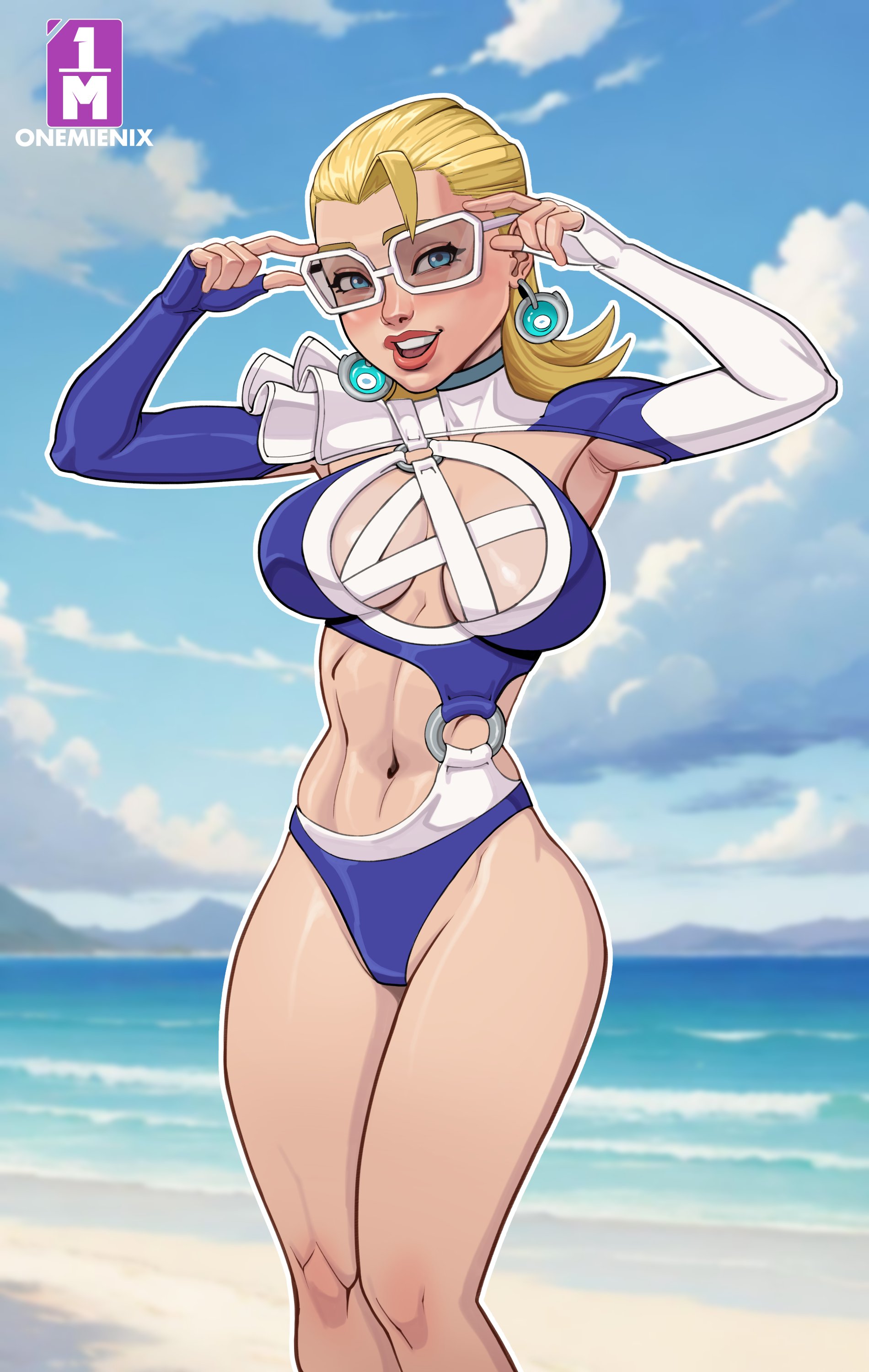 1girls, belly, blonde hair, blue eyes, breasts, cleavage, fantastic four, female, female only, invisible woman, invisible woman (azure shade), invisible woman (marvel rivals), large breasts, marvel, marvel comics, marvel rivals, navel, onemienix, revealing clothes, skimpy clothes, sue storm, swimsuit
