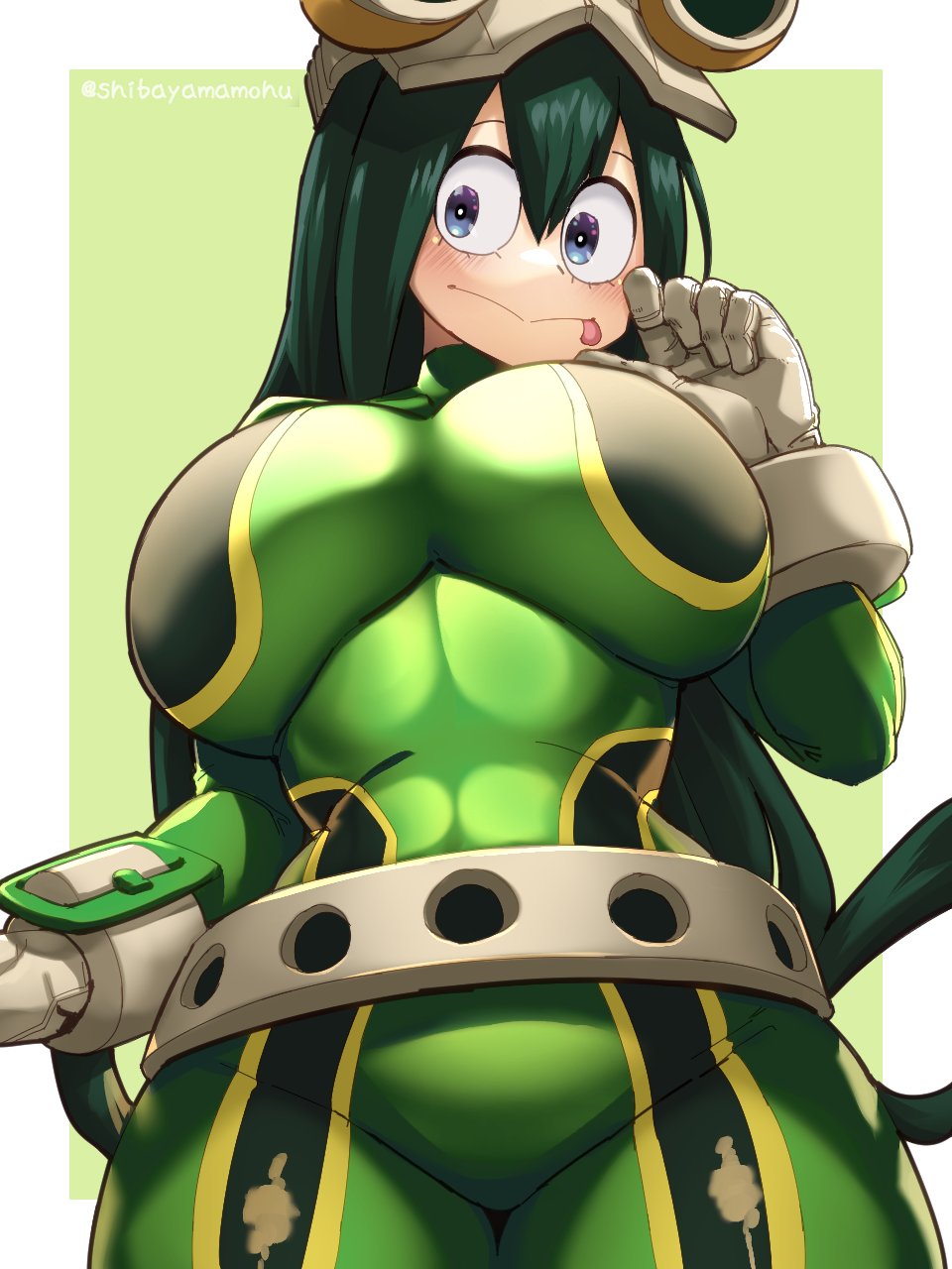 breasts, female, froppy, gloves, hero outfit (mha), huge breasts, my hero academia, shibayamamohu, solo, tight clothing, tsuyu asui