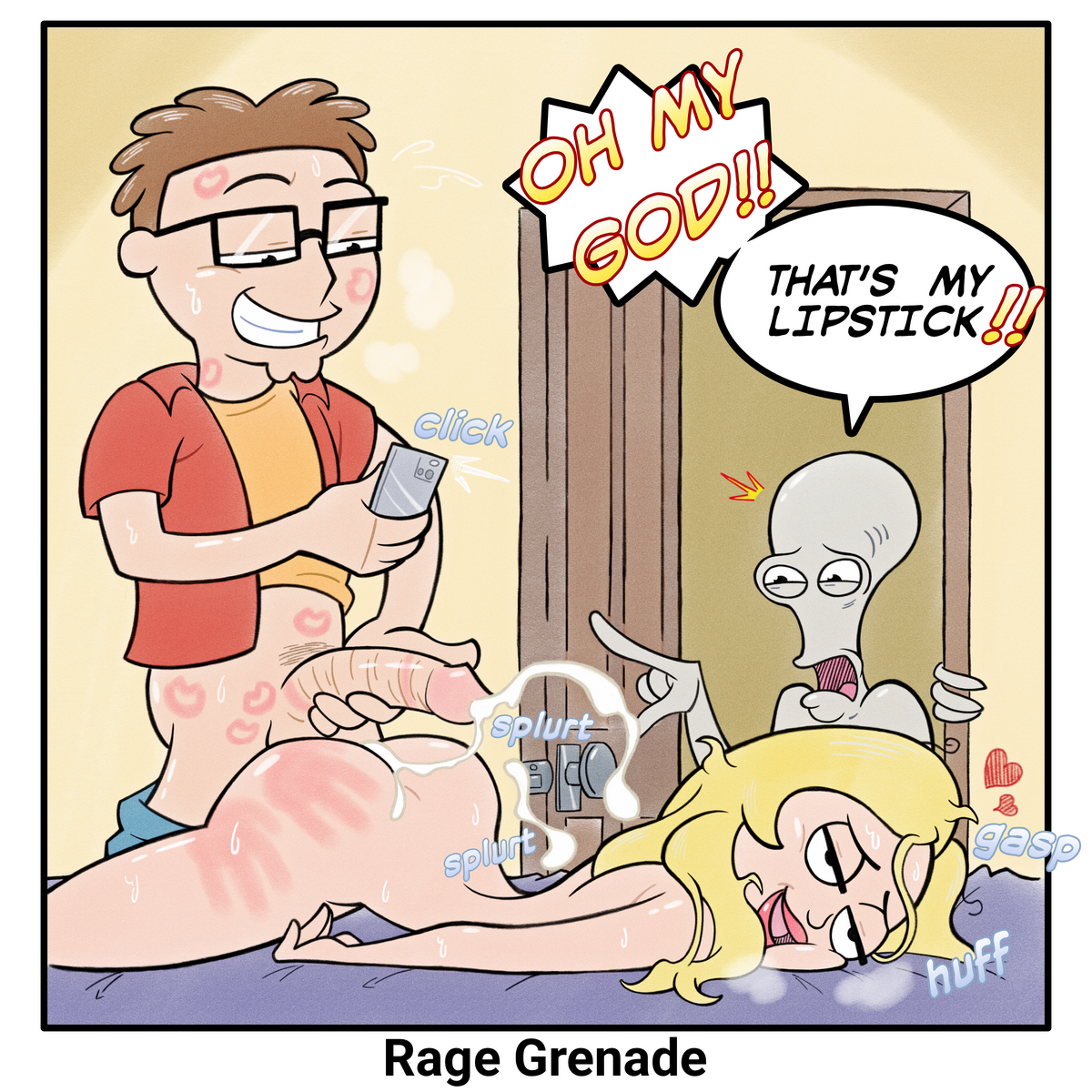 american dad, ass, blonde hair, brown hair, dialogue, ejaculation, exhausted, exhausted female, female, francine smith, handprint, handprint markings, handprint on ass, incest, kiss mark, lipstick mark, lipstick on penis, male, momcest, mother and son, penis, rage grenade, roger smith, soncest, speech bubble, steve smith, sweat, visible breath