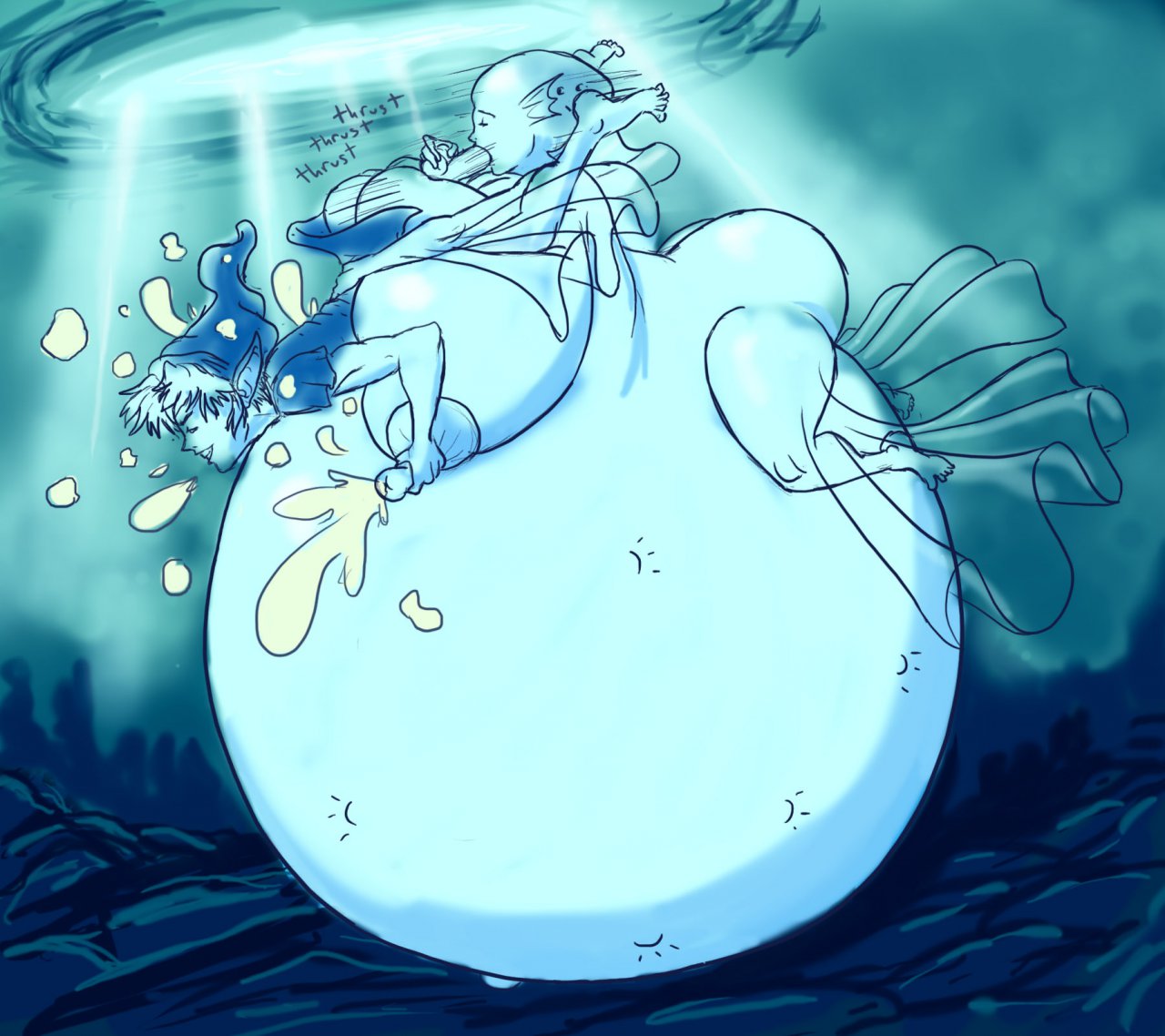 blue_skin fin fish_girl hat huge_belly hyper_belly inflation lactation link ocarina_of_time pointy_ears pregnant princess_ruto ready_to_pop short_hair shydude the_legend_of_zelda underwater zora